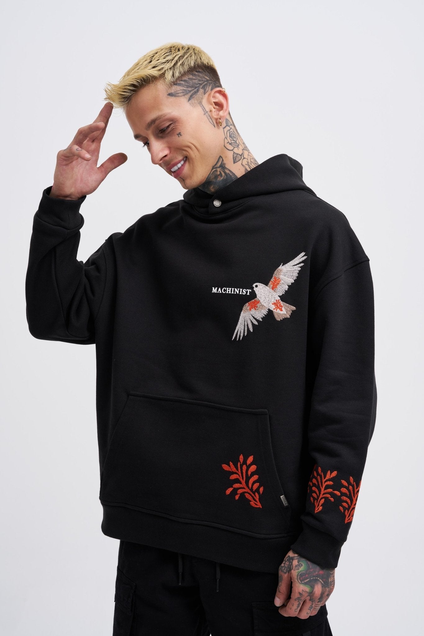Erkek Embroidery Bird Kapüşonlu Sweatshirt Siyah