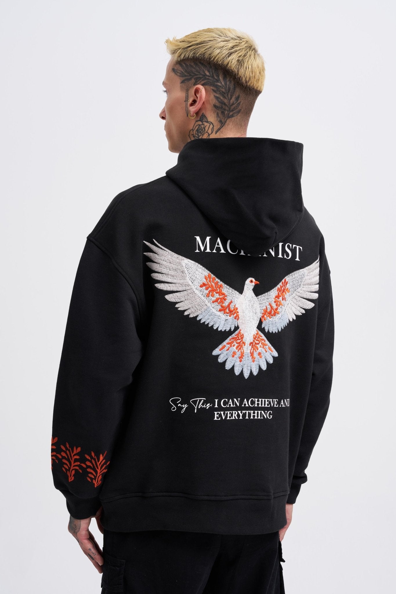 Erkek Embroidery Bird Kapüşonlu Sweatshirt Siyah