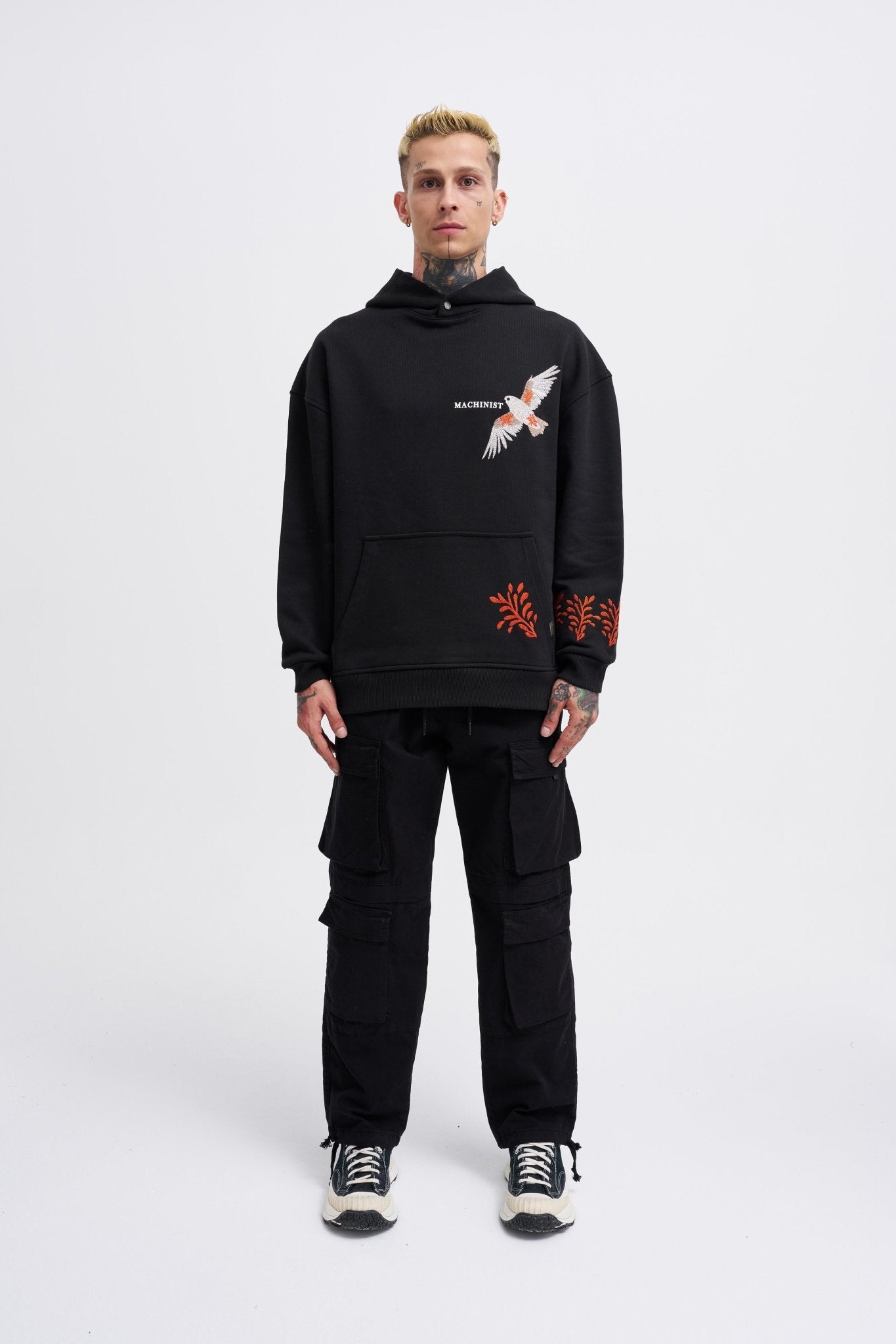 Erkek Embroidery Bird Kapüşonlu Sweatshirt Siyah