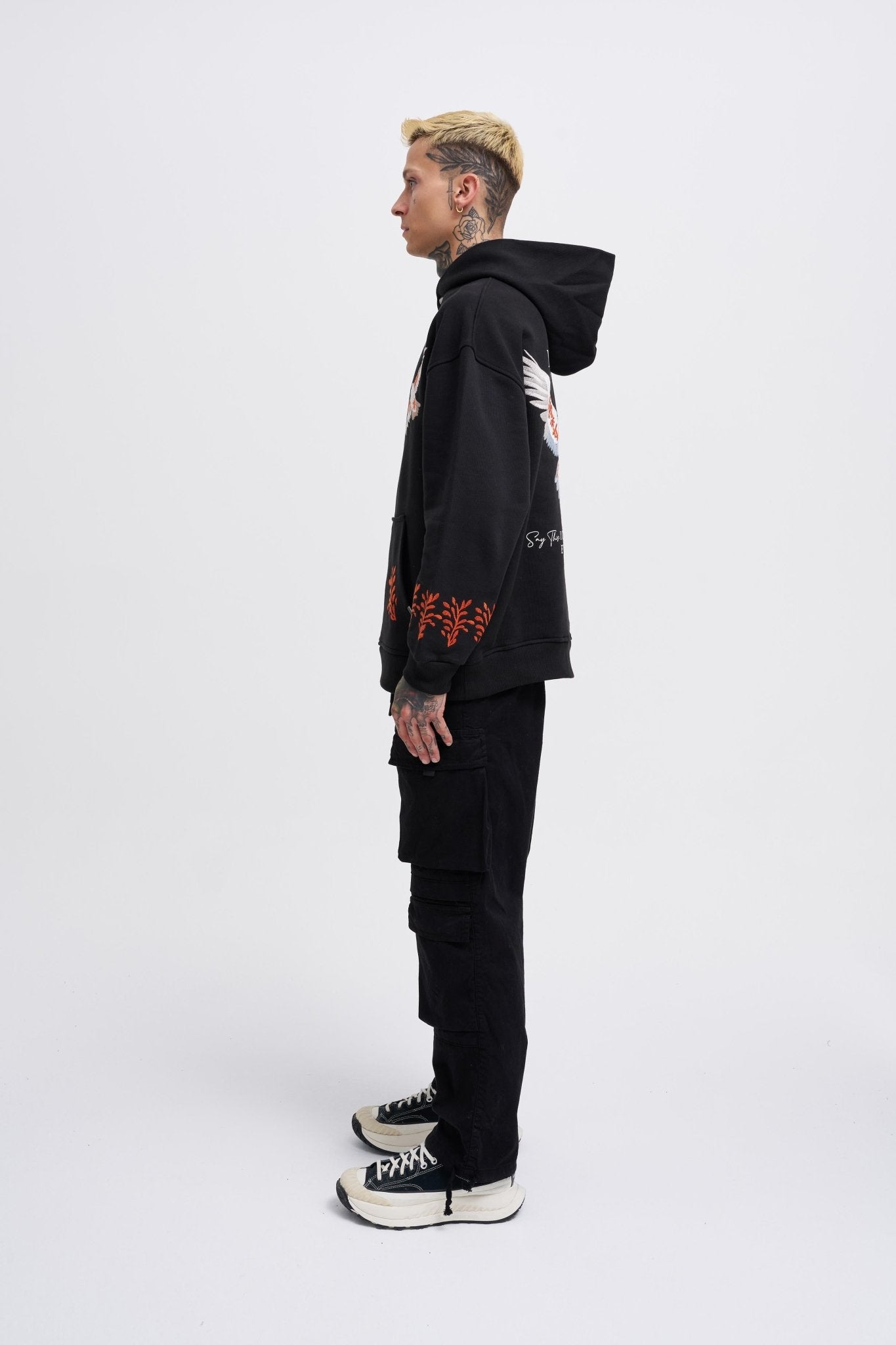 Erkek Embroidery Bird Kapüşonlu Sweatshirt Siyah