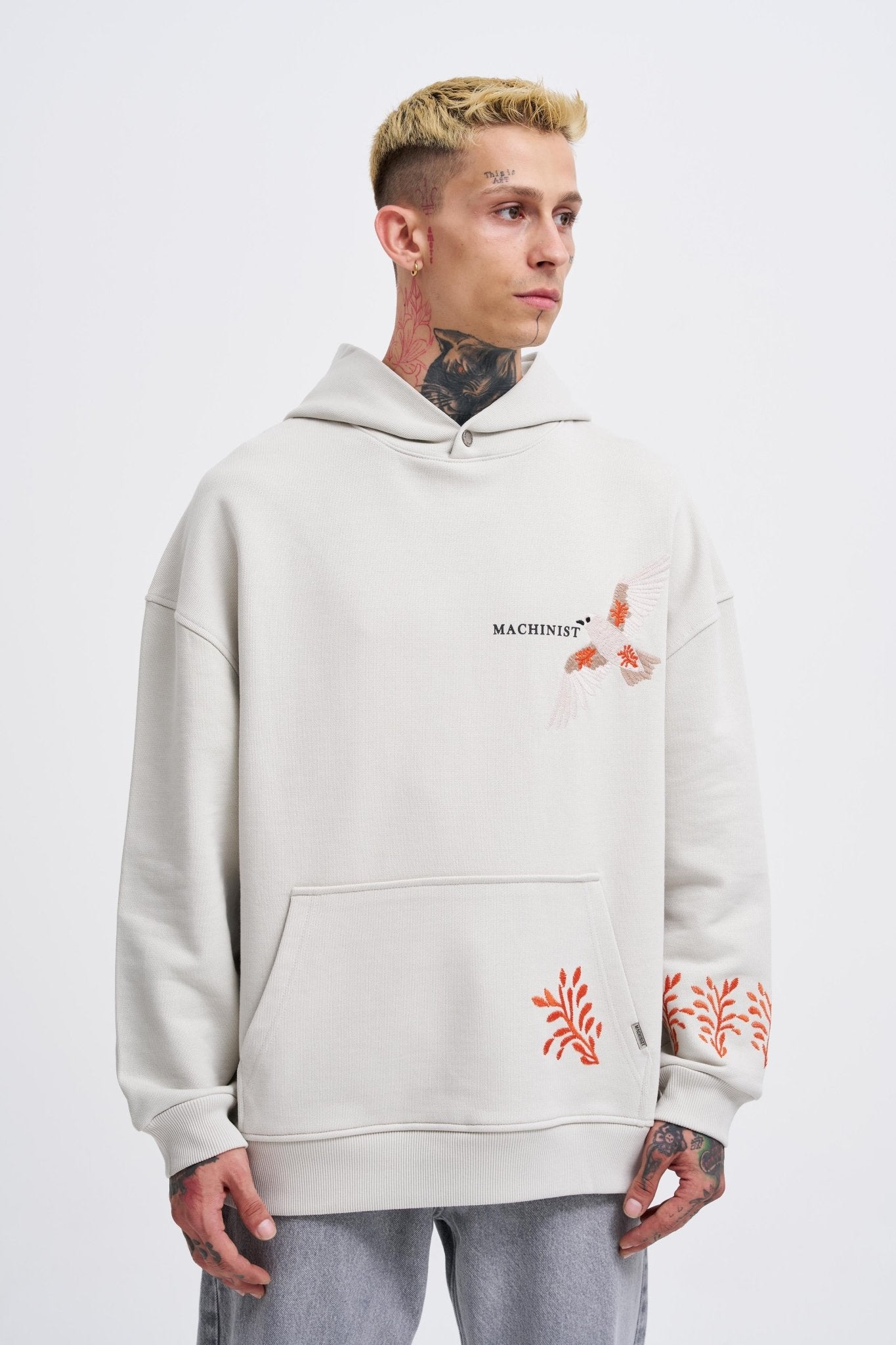 Erkek Embroidery Bird Kapüşonlu Sweatshirt Uzay Grisi
