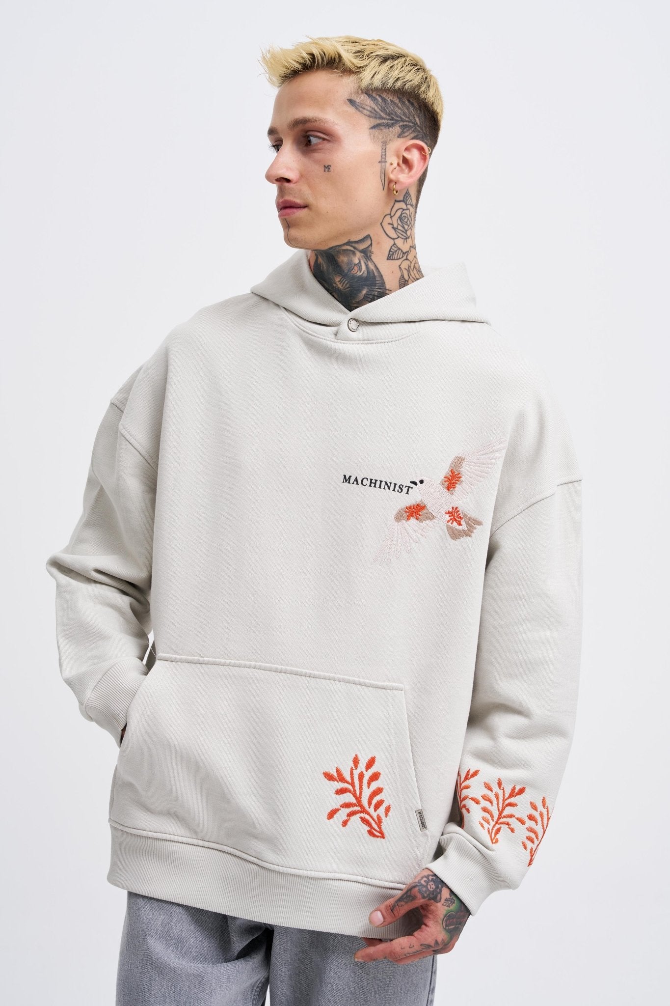 Erkek Embroidery Bird Kapüşonlu Sweatshirt Uzay Grisi