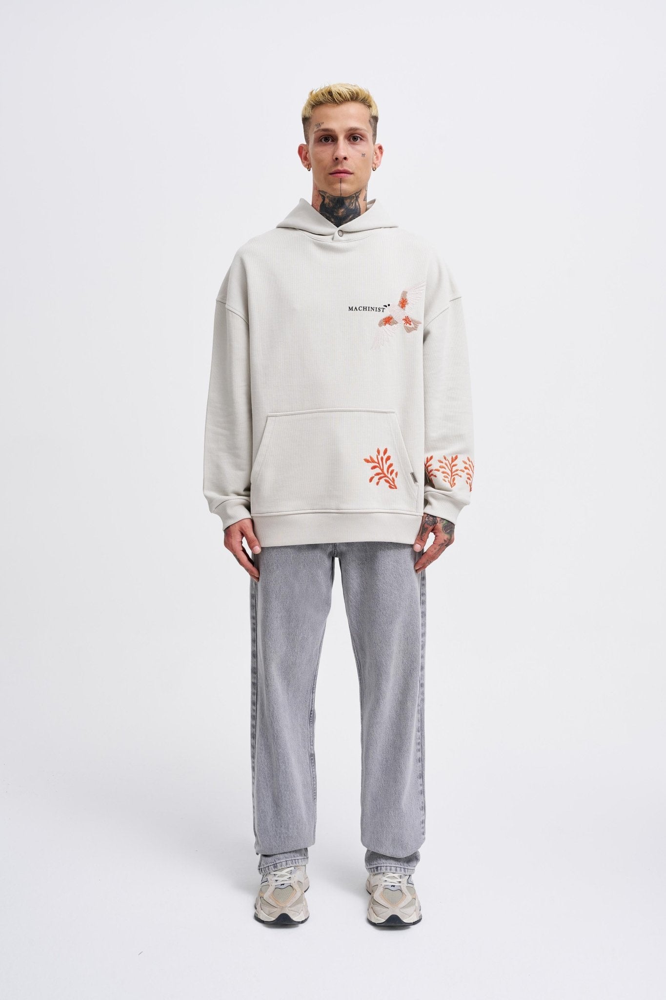 Erkek Embroidery Bird Kapüşonlu Sweatshirt Uzay Grisi