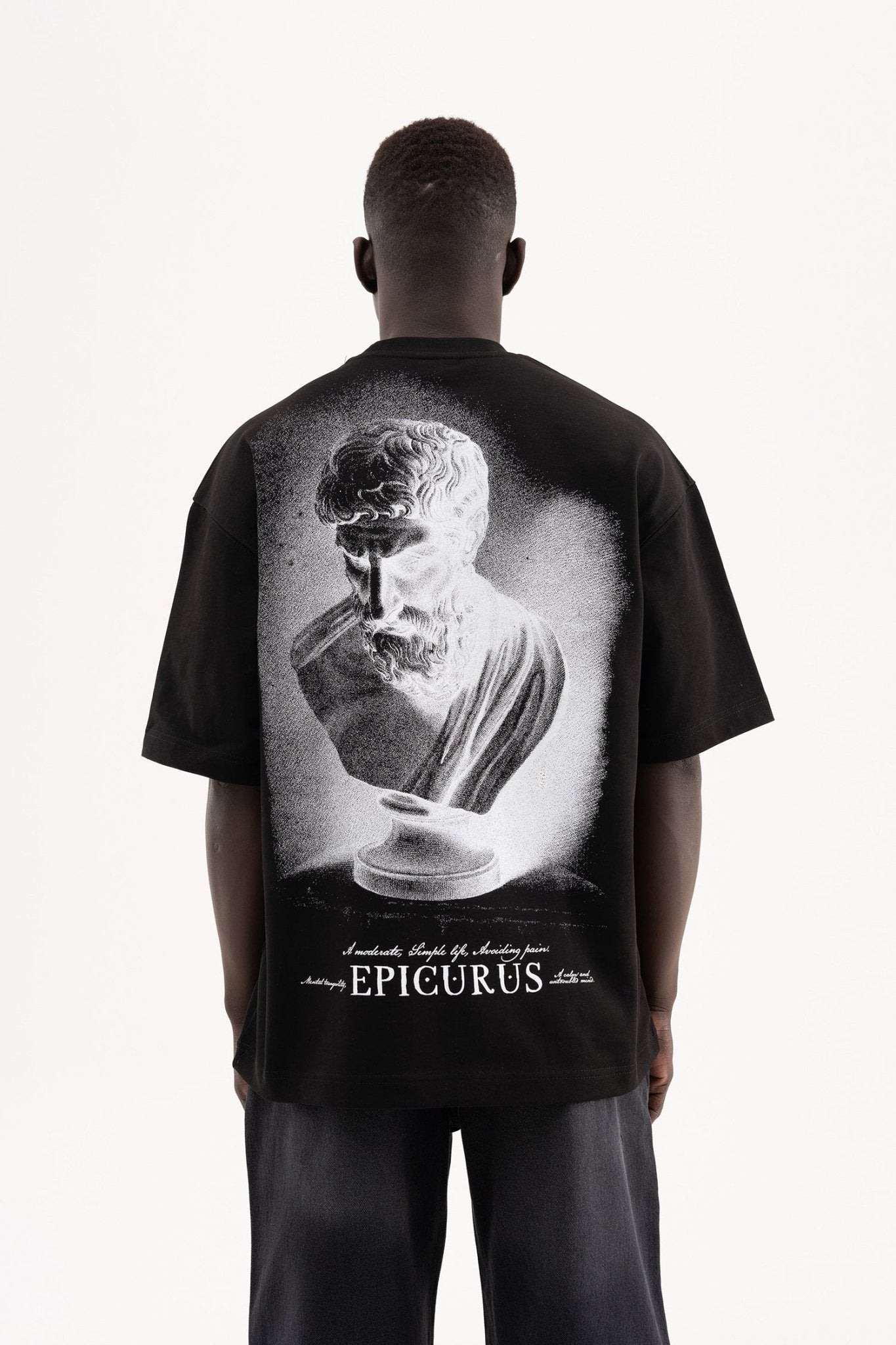 Erkek Epicurus Baskılı Oversize Tişört Siyah