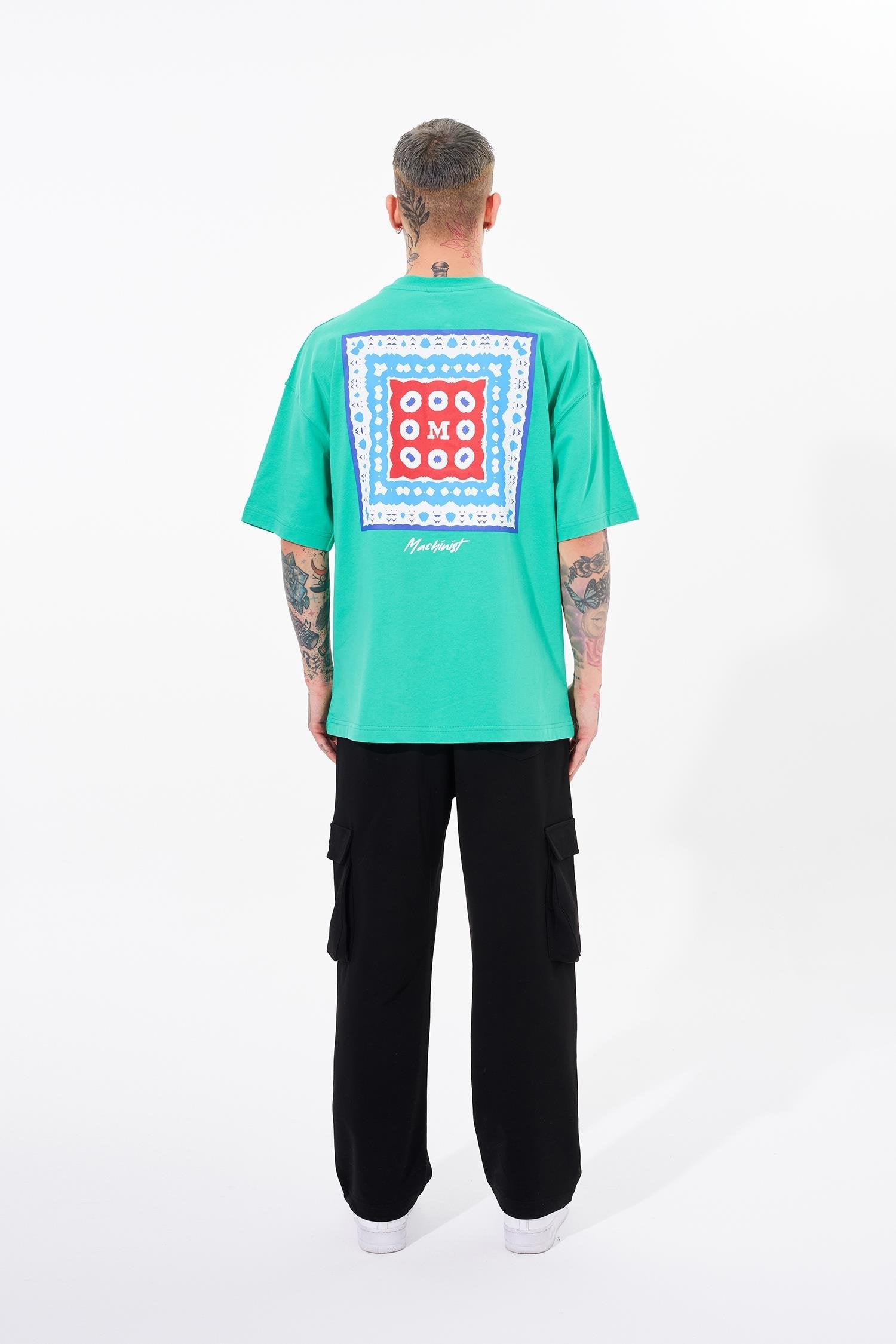 Erkek Ethnic Baskılı Oversize Tişört Elektrik Yeşili