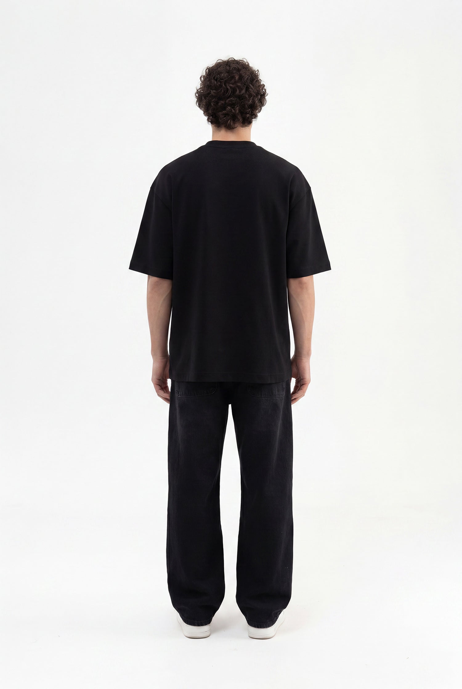 Erkek Etnik Desen Nakışlı Oversize Tişört Siyah-5