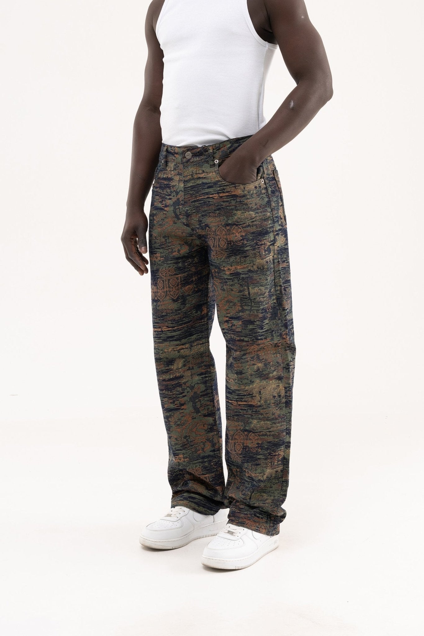 Erkek Etnik Desenli Jakarlı Baggy Jean Pantolon Siyah