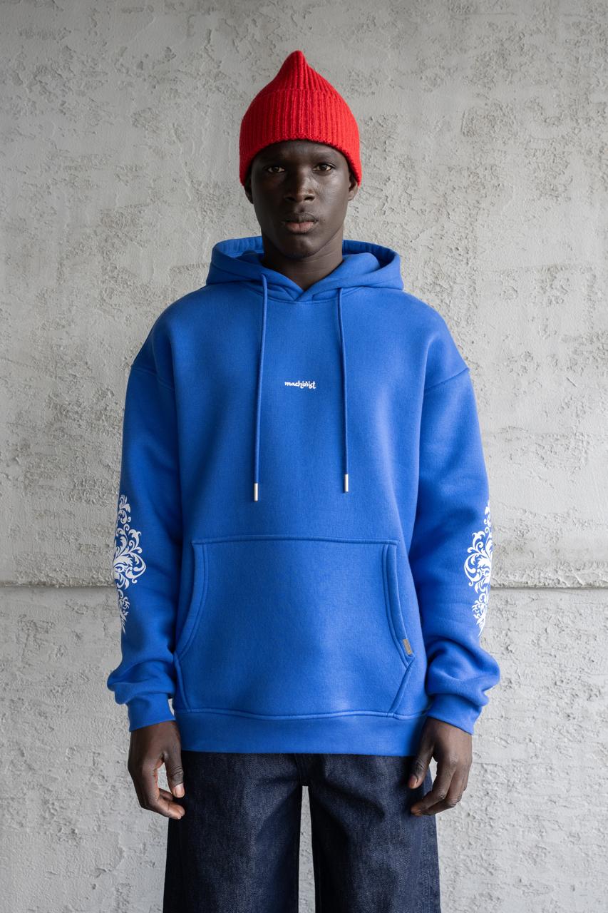Erkek Etnik Desenli Kapüşonlu Sweatshirt Açık Mavi