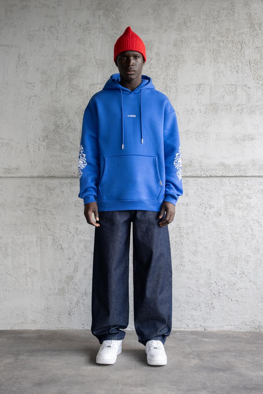 Erkek Etnik Desenli Kapüşonlu Sweatshirt Açık Mavi