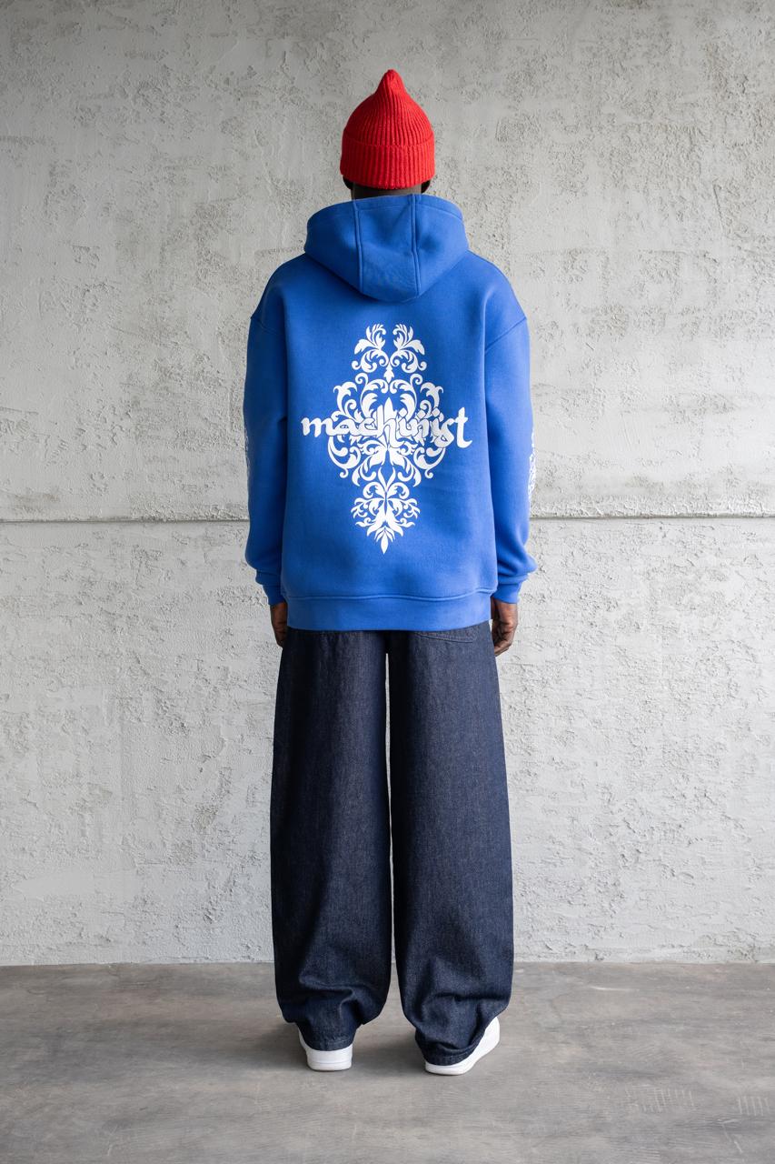 Erkek Etnik Desenli Kapüşonlu Sweatshirt Açık Mavi