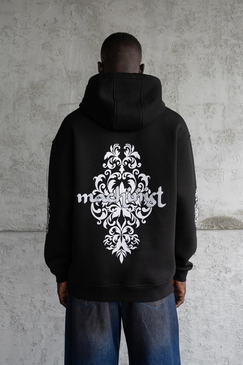 Erkek Etnik Desenli Kapüşonlu Sweatshirt Siyah