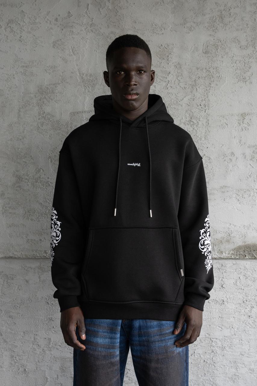 Erkek Etnik Desenli Kapüşonlu Sweatshirt Siyah