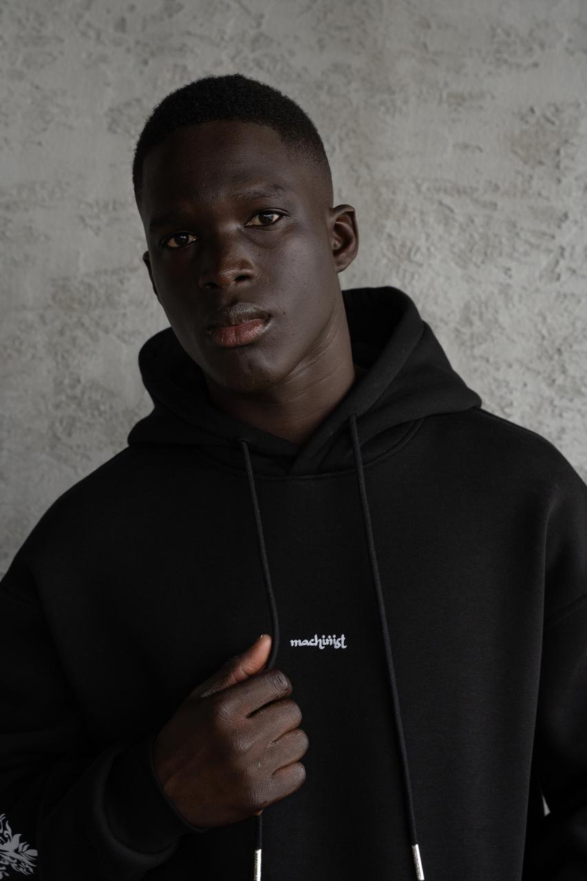 Erkek Etnik Desenli Kapüşonlu Sweatshirt Siyah