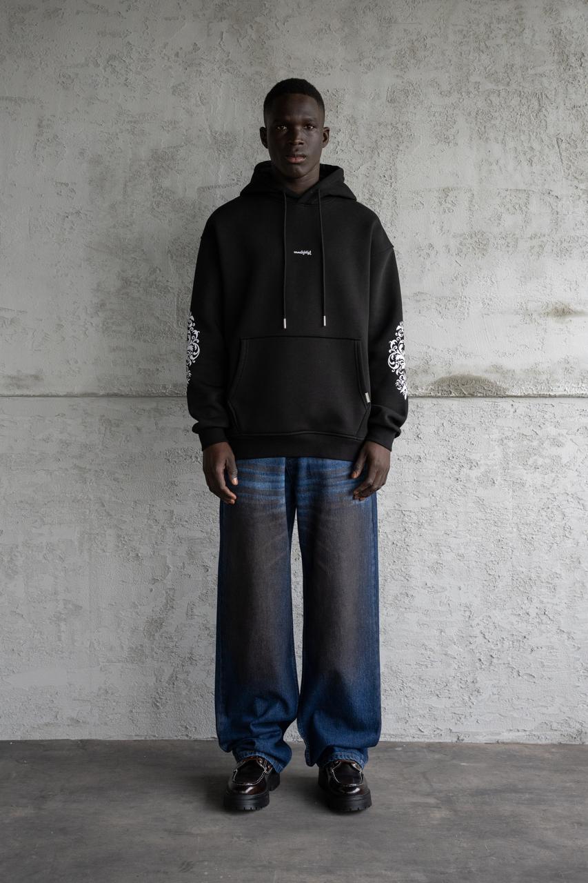 Erkek Etnik Desenli Kapüşonlu Sweatshirt Siyah