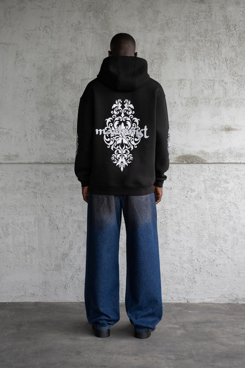 Erkek Etnik Desenli Kapüşonlu Sweatshirt Siyah