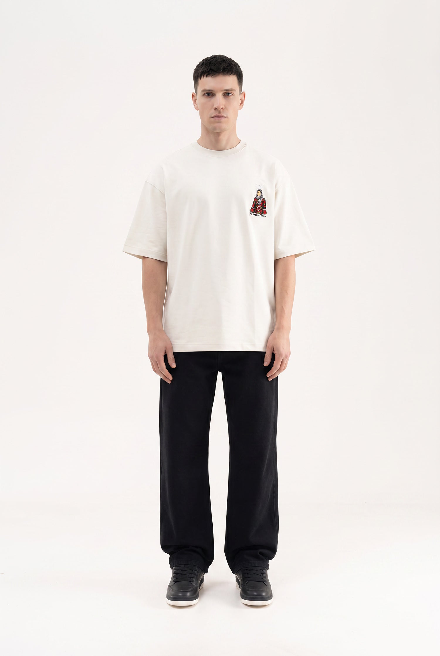 Erkek Etnik Figür Nakışlı İnterlok Oversize Tişört Uzay Grisi