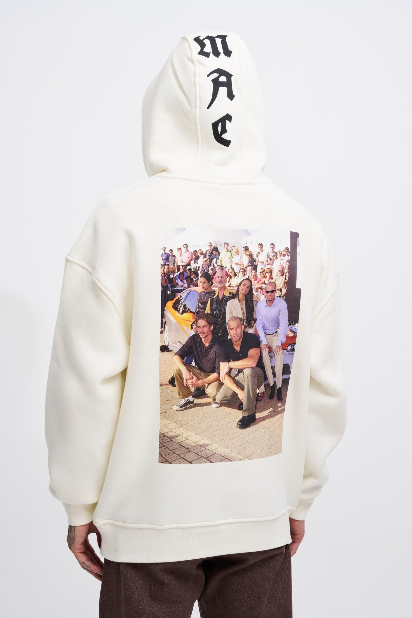 Erkek Fast Furious Baskılı Kapüşonlu Oversize Sweatshirt Ekru