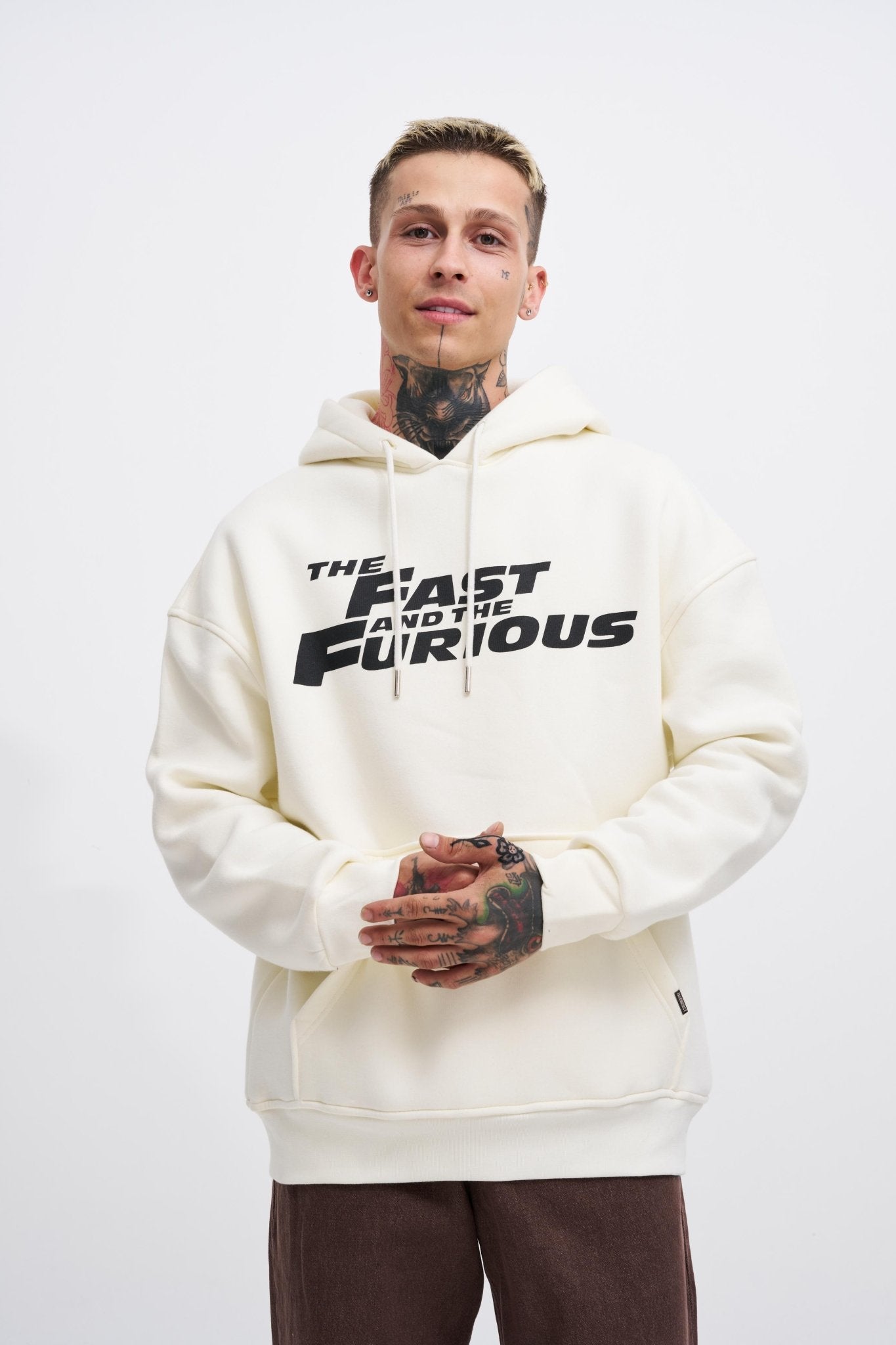 Erkek Fast Furious Baskılı Kapüşonlu Oversize Sweatshirt Ekru