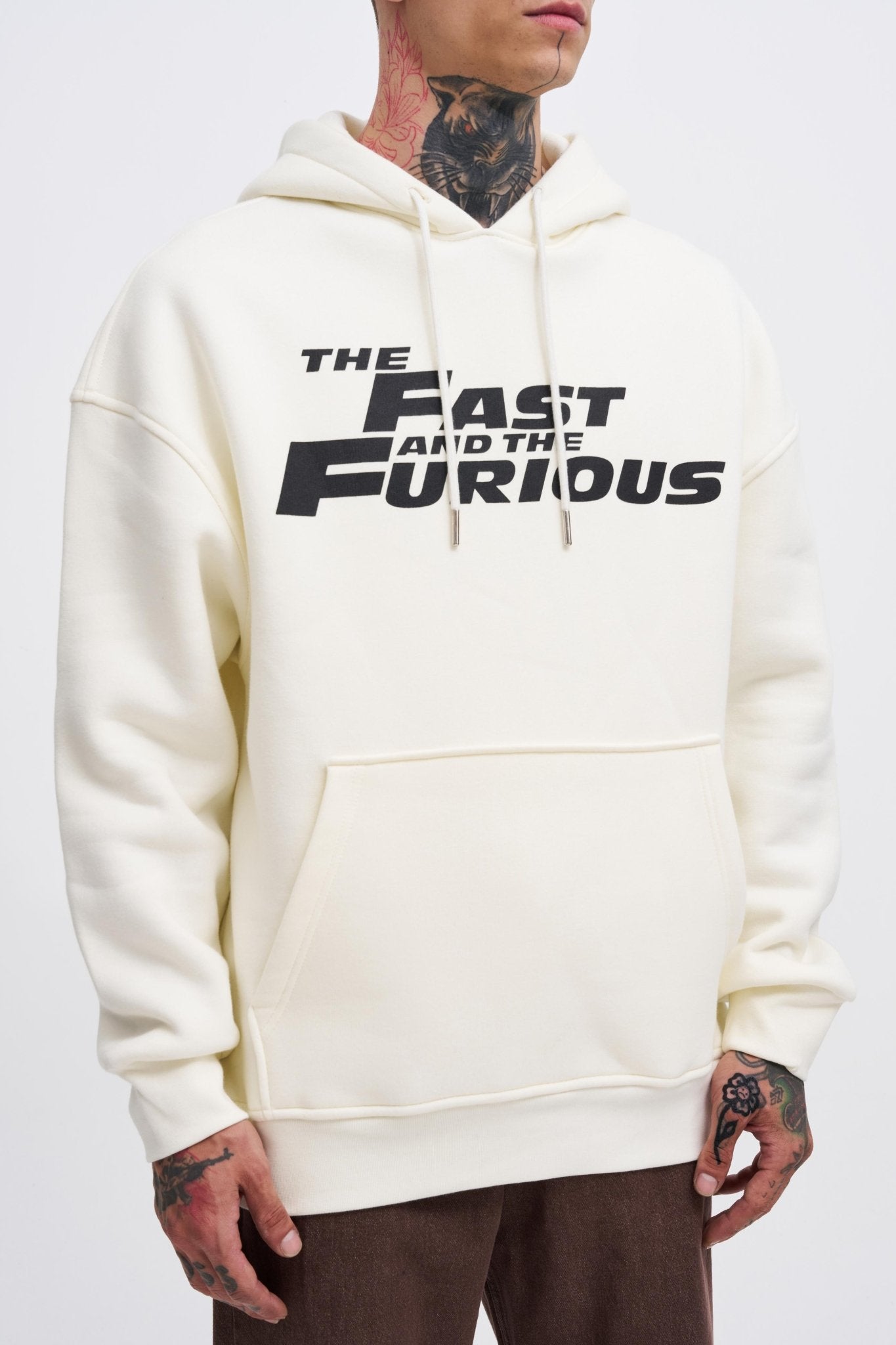 Erkek Fast Furious Baskılı Kapüşonlu Oversize Sweatshirt Ekru