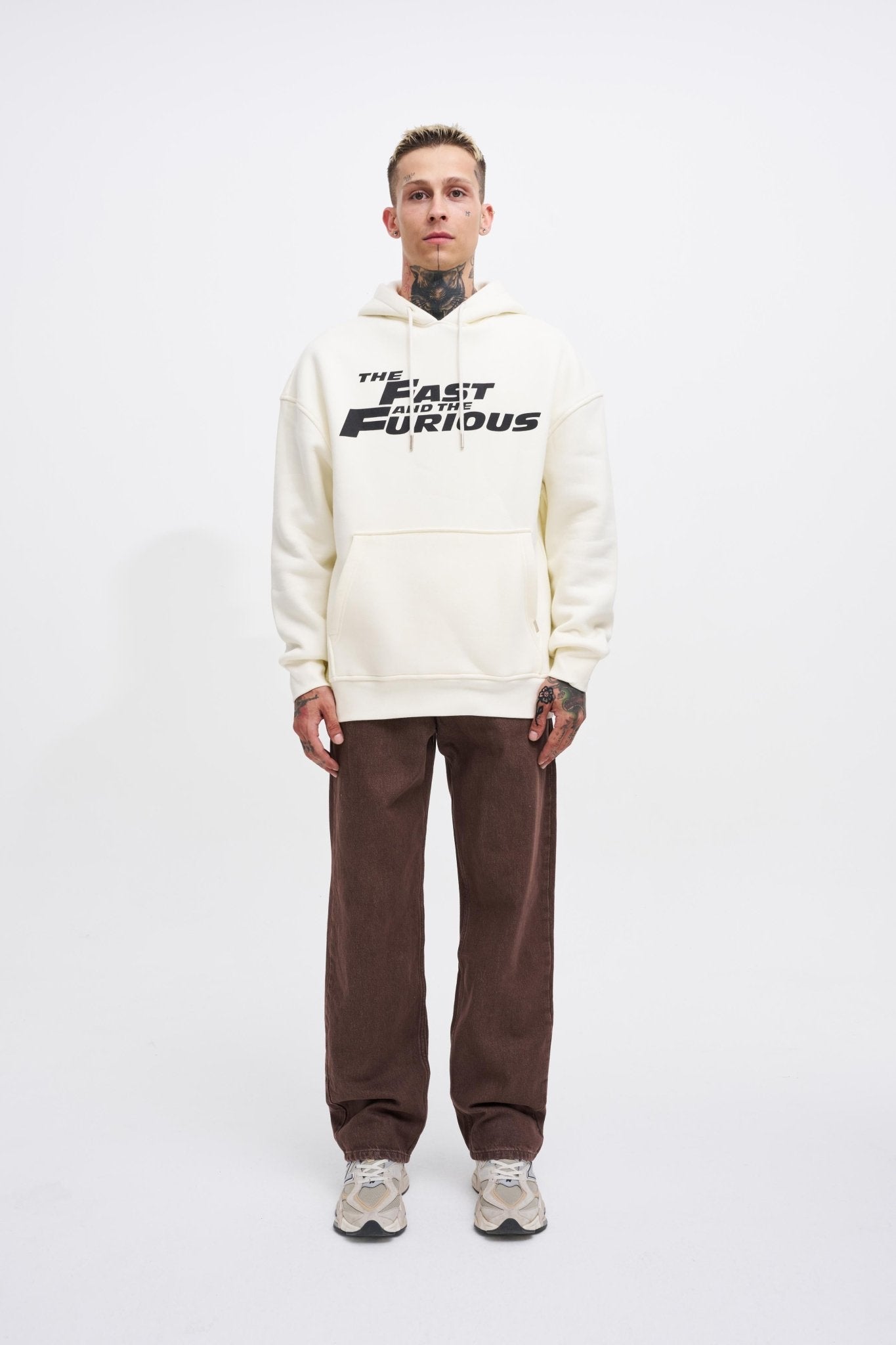 Erkek Fast Furious Baskılı Kapüşonlu Oversize Sweatshirt Ekru