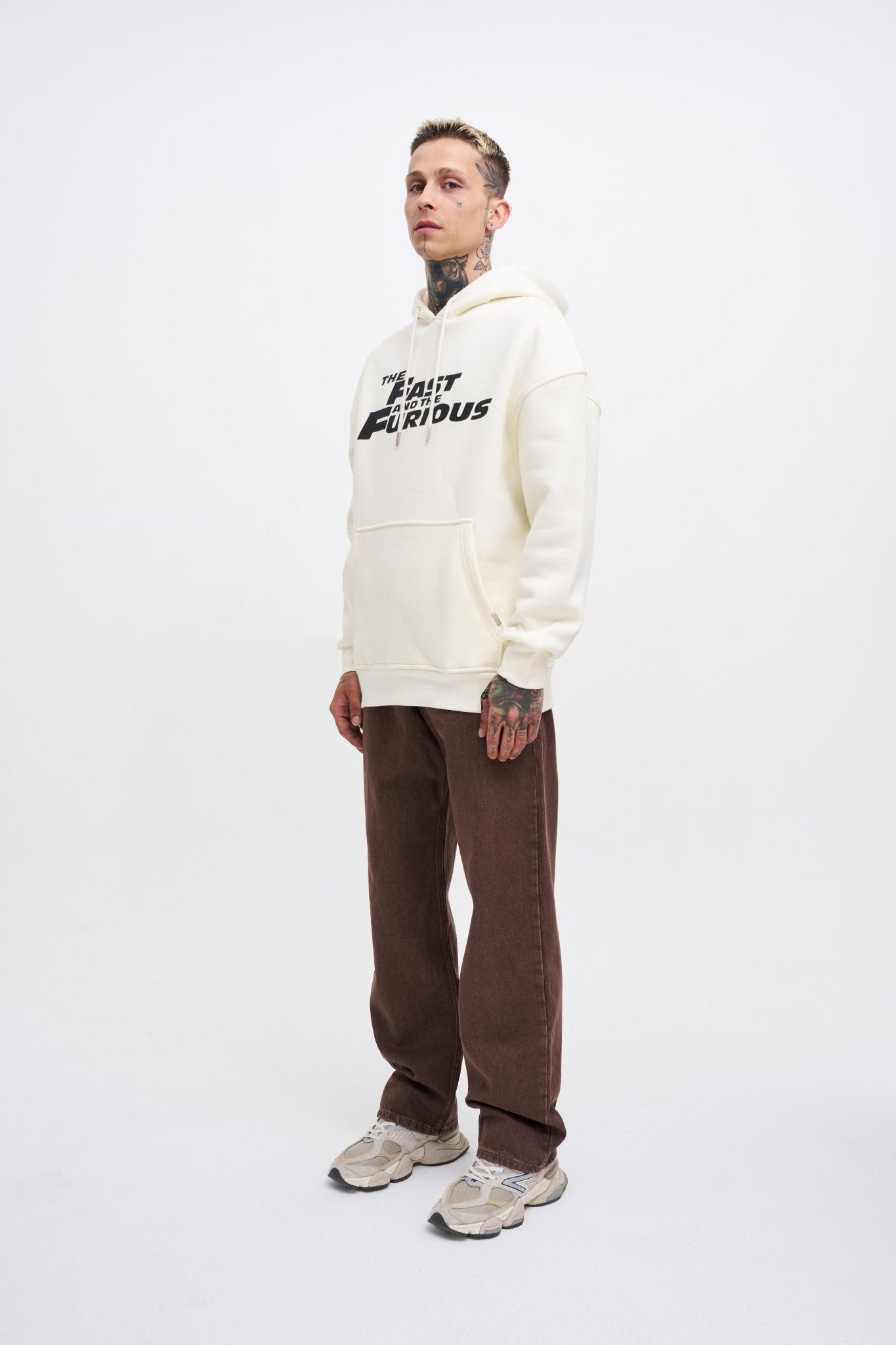 Erkek Fast Furious Baskılı Kapüşonlu Oversize Sweatshirt Ekru