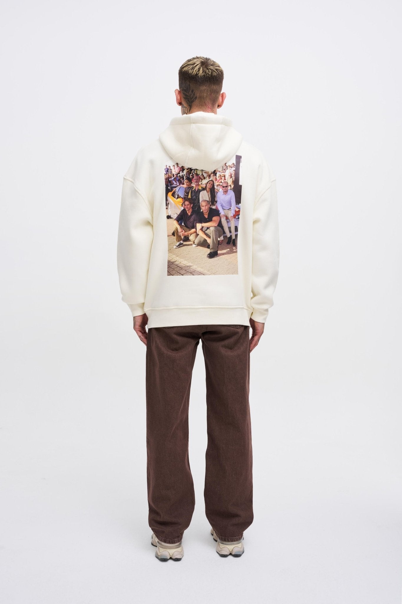 Erkek Fast Furious Baskılı Kapüşonlu Oversize Sweatshirt Ekru