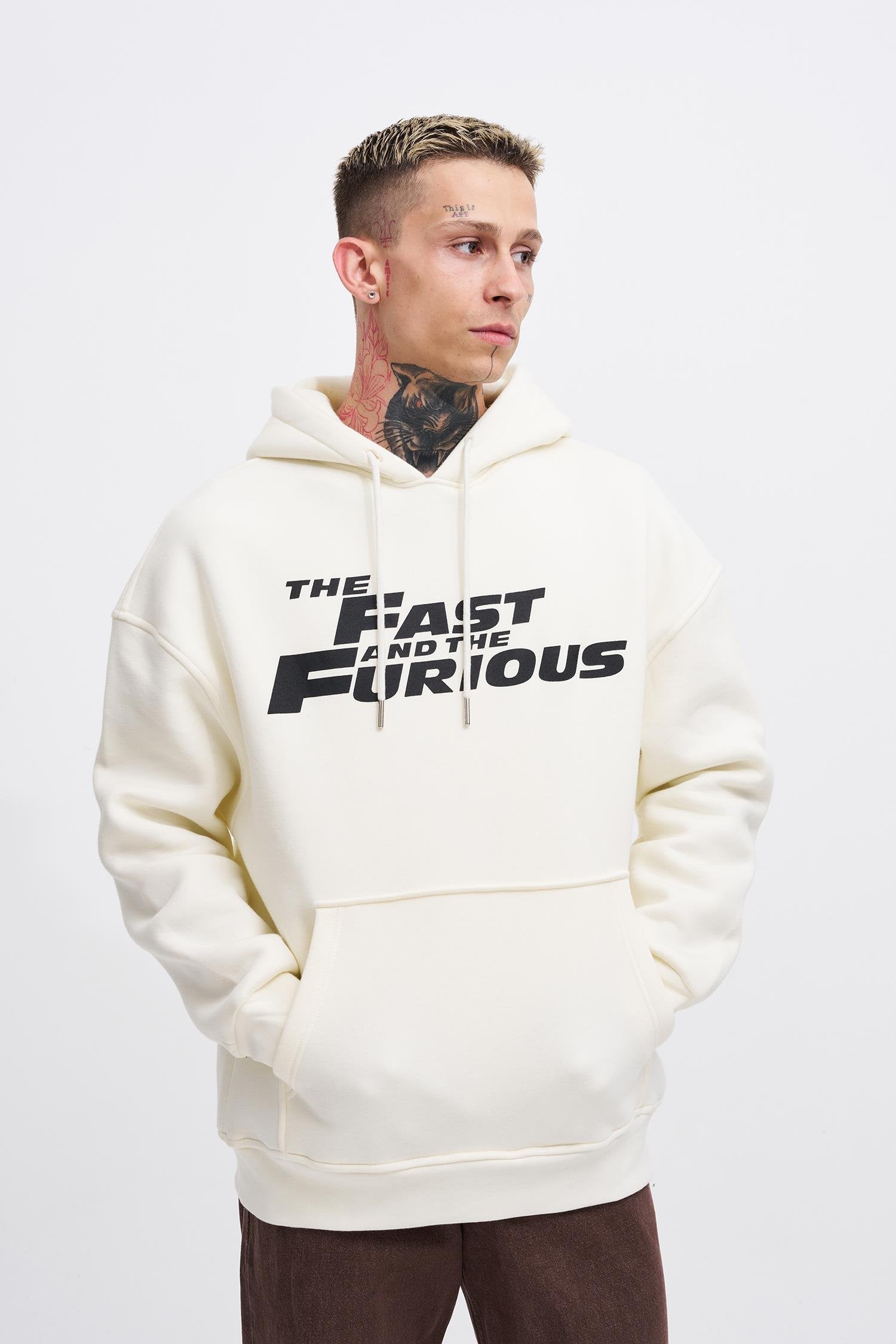 Erkek Fast Furious Baskılı Kapüşonlu Oversize Sweatshirt Ekru