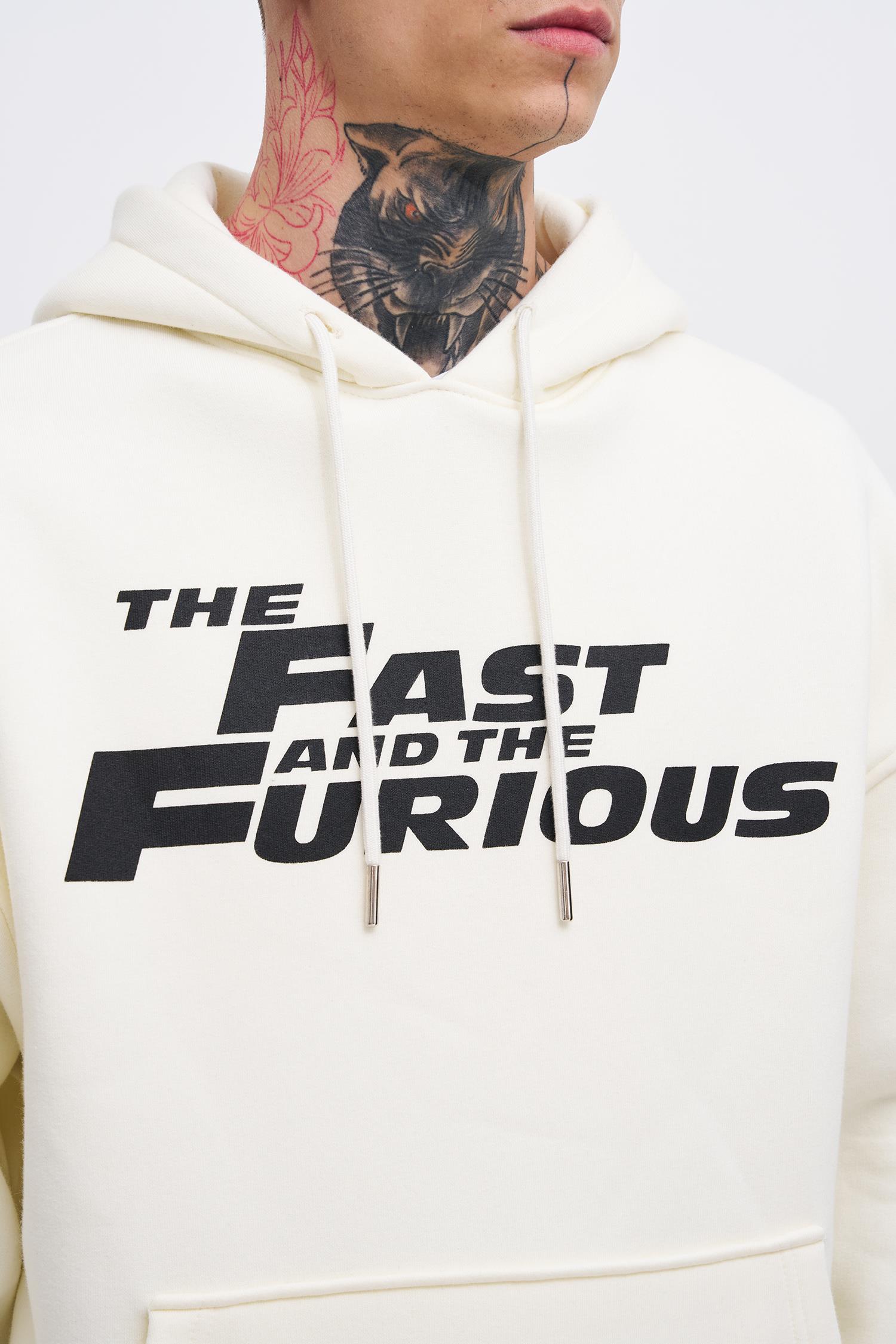 Erkek Fast Furious Baskılı Kapüşonlu Oversize Sweatshirt Ekru