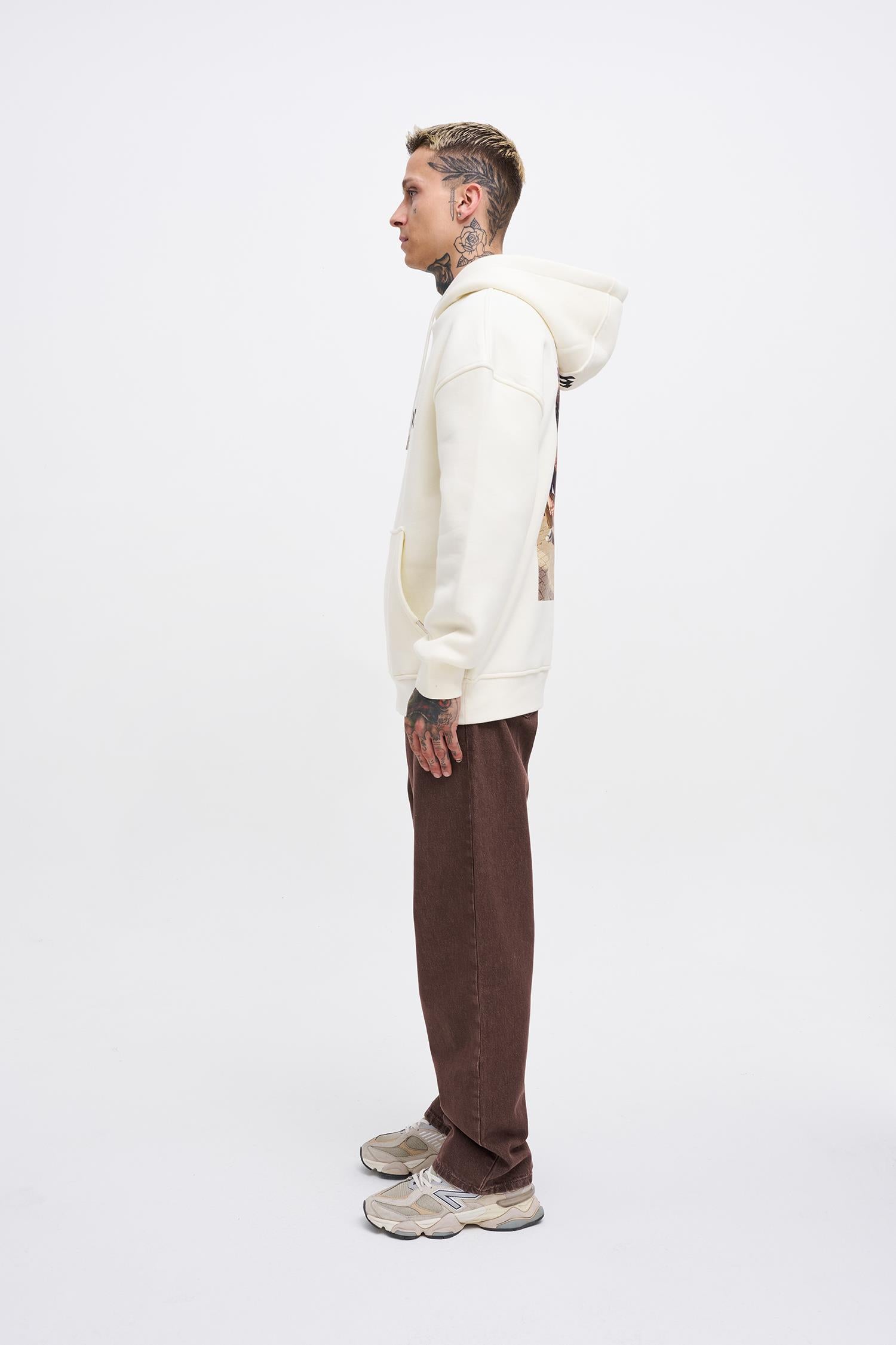 Erkek Fast Furious Baskılı Kapüşonlu Oversize Sweatshirt Ekru
