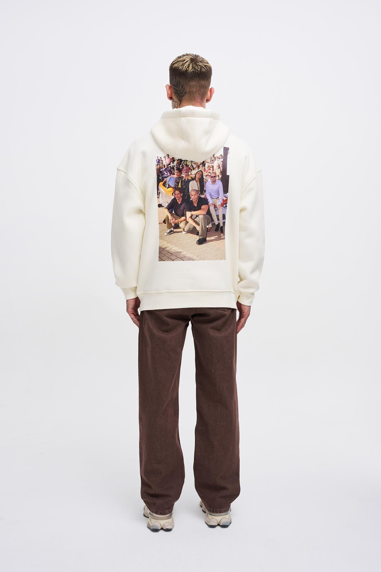 Erkek Fast Furious Baskılı Kapüşonlu Oversize Sweatshirt Ekru