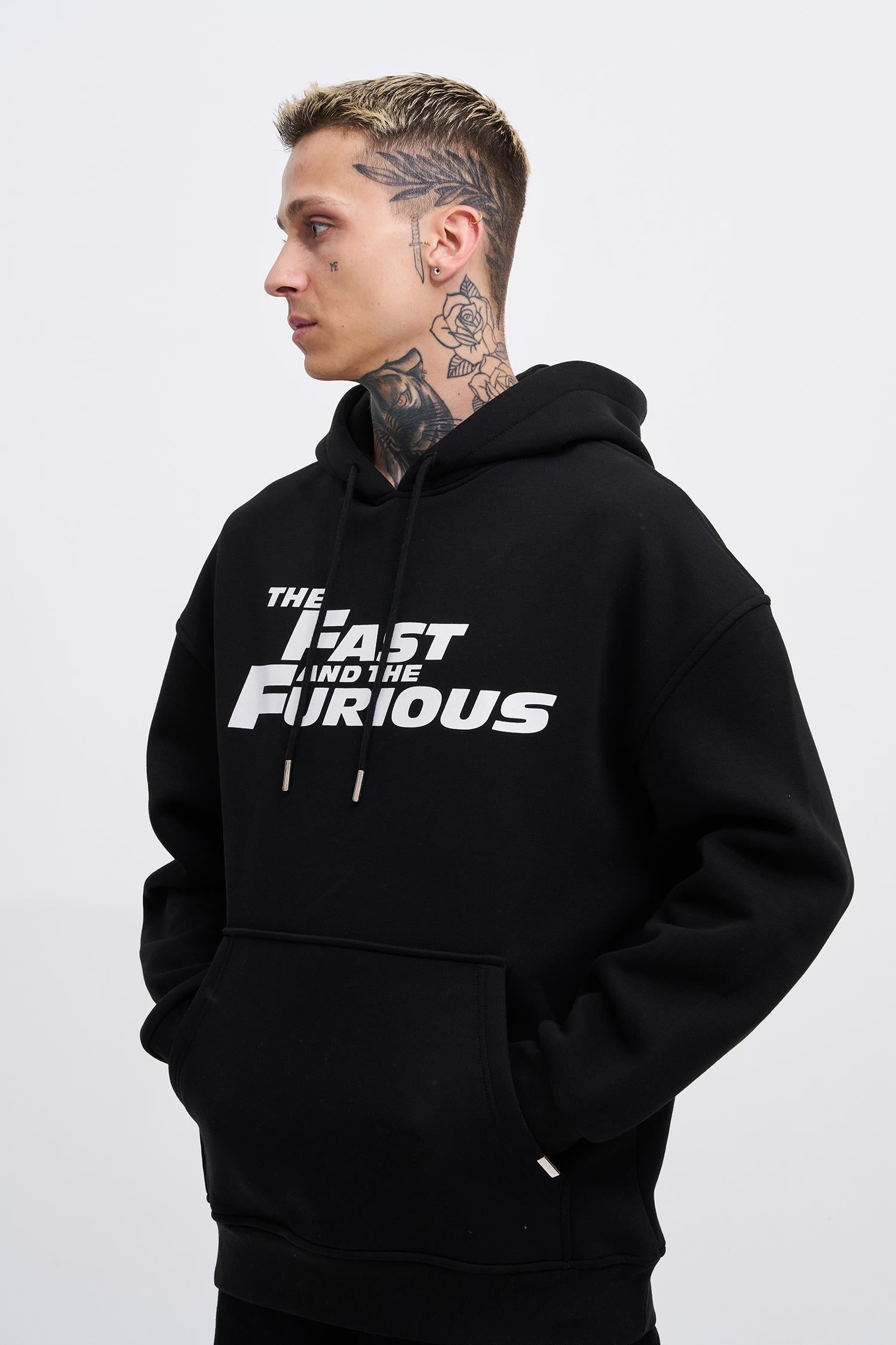 Erkek Fast Furious Baskılı Kapüşonlu Oversize Sweatshirt Siyah