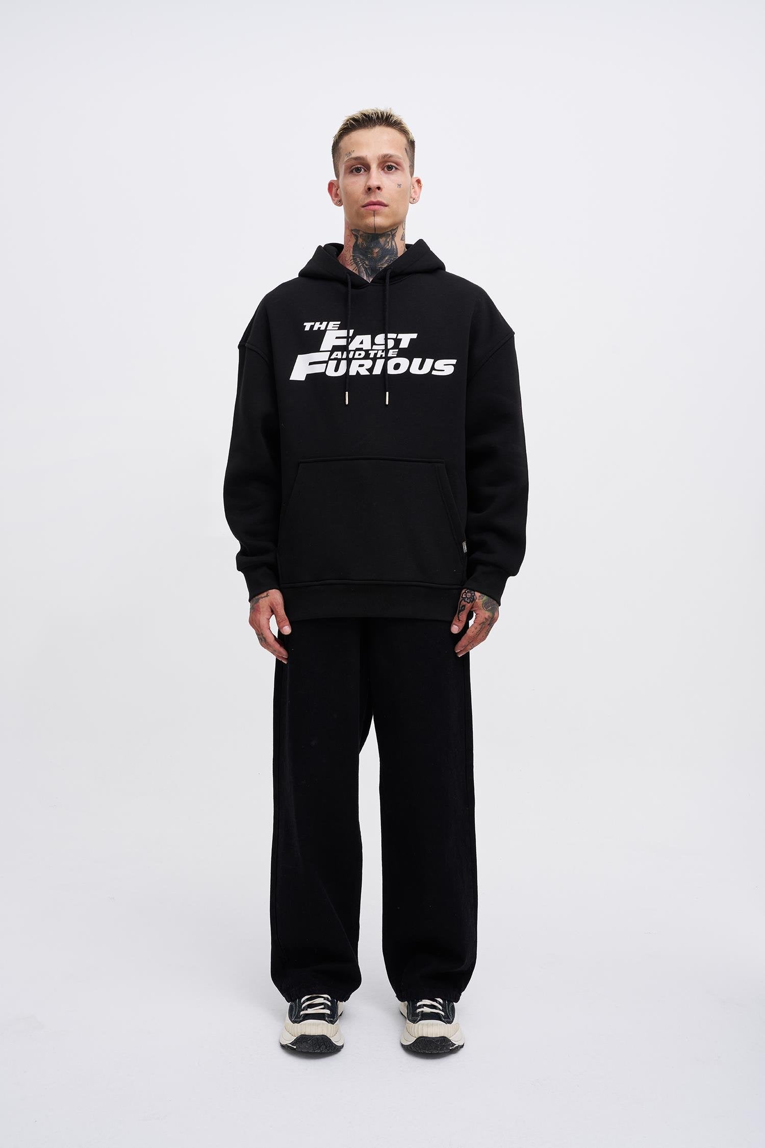 Erkek Fast Furious Baskılı Kapüşonlu Oversize Sweatshirt Siyah