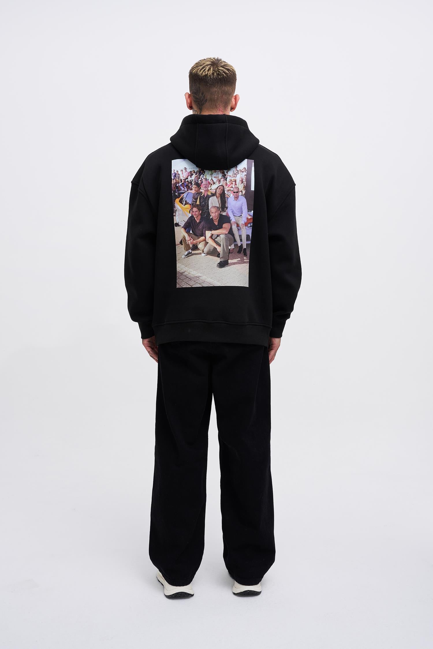 Erkek Fast Furious Baskılı Kapüşonlu Oversize Sweatshirt Siyah