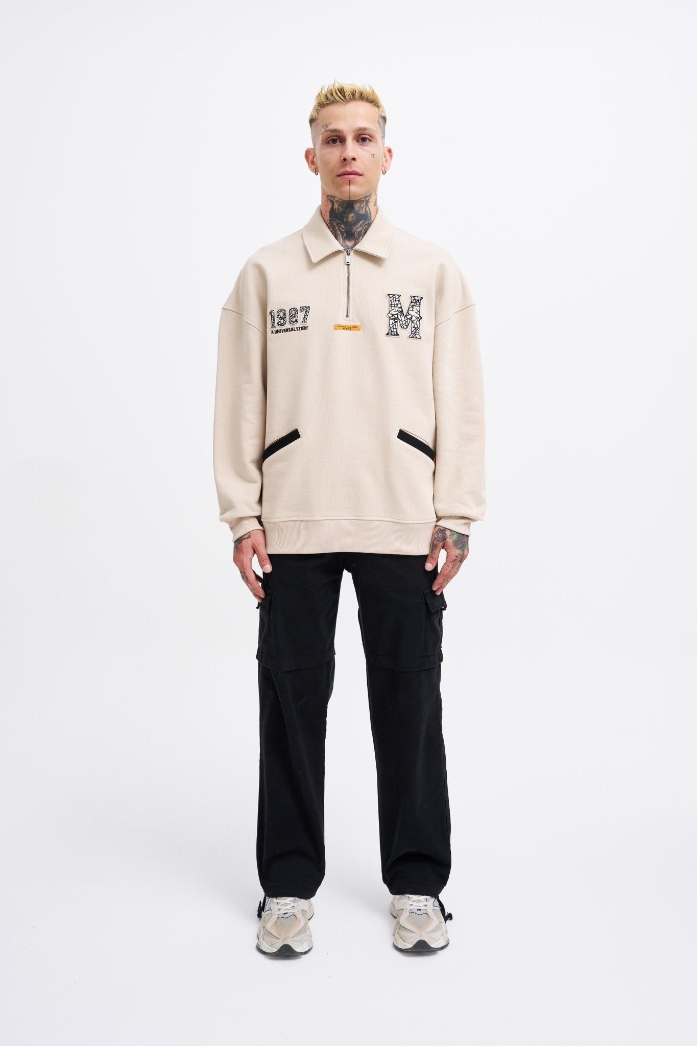 Erkek Felt Badge Zip Polo Sweatshirt Açık Bej