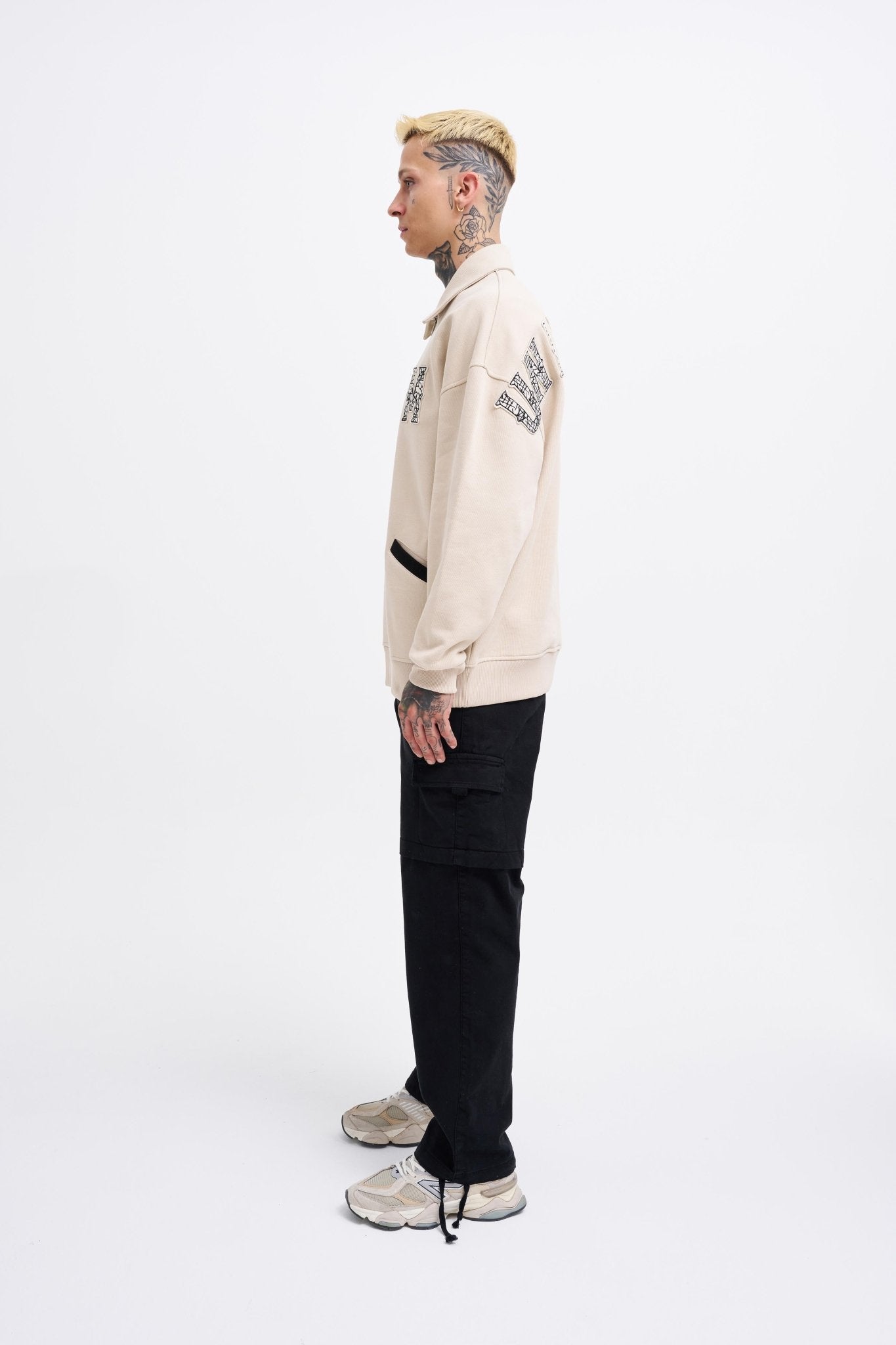 Erkek Felt Badge Zip Polo Sweatshirt Açık Bej