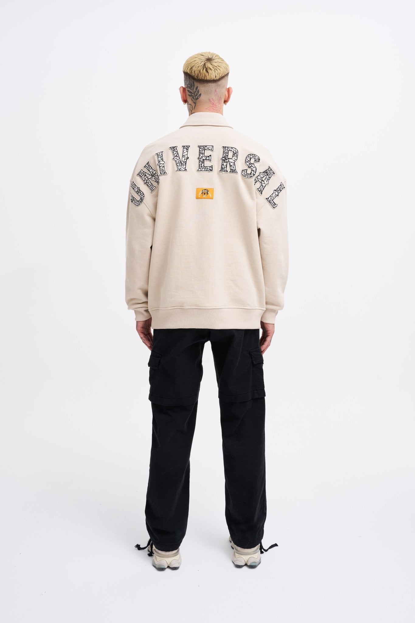 Erkek Felt Badge Zip Polo Sweatshirt Açık Bej