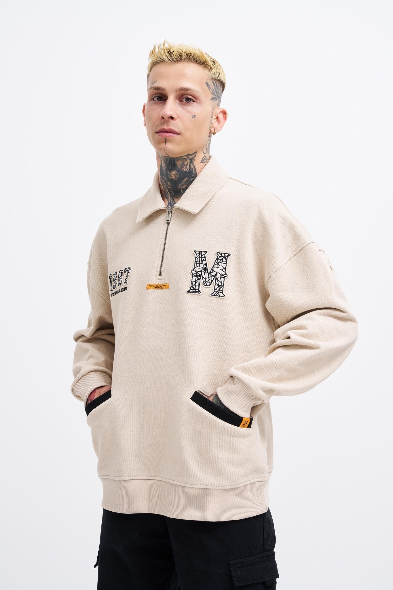 Erkek Felt Badge Zip Polo Sweatshirt Açık Bej