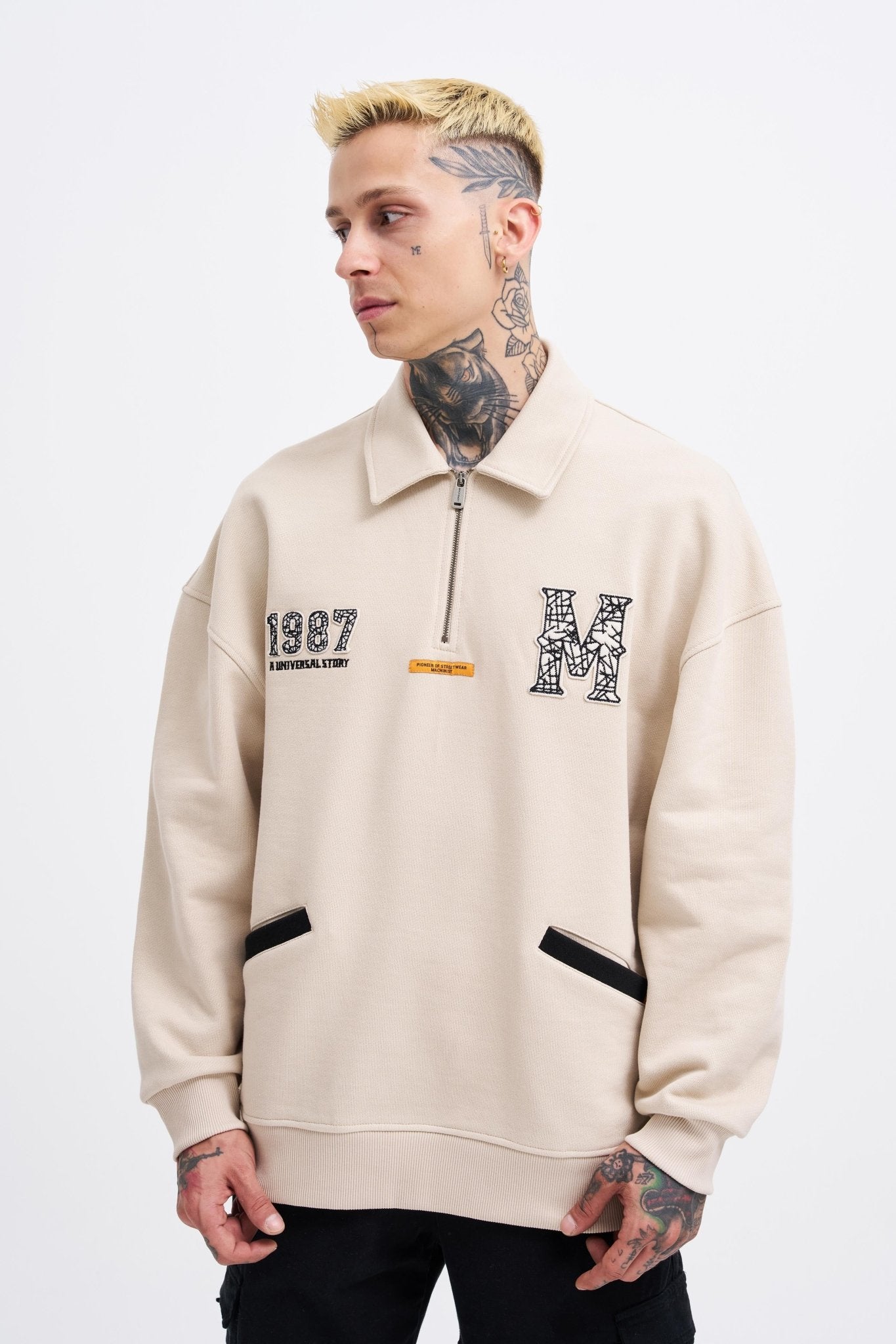 Erkek Felt Badge Zip Polo Sweatshirt Açık Bej