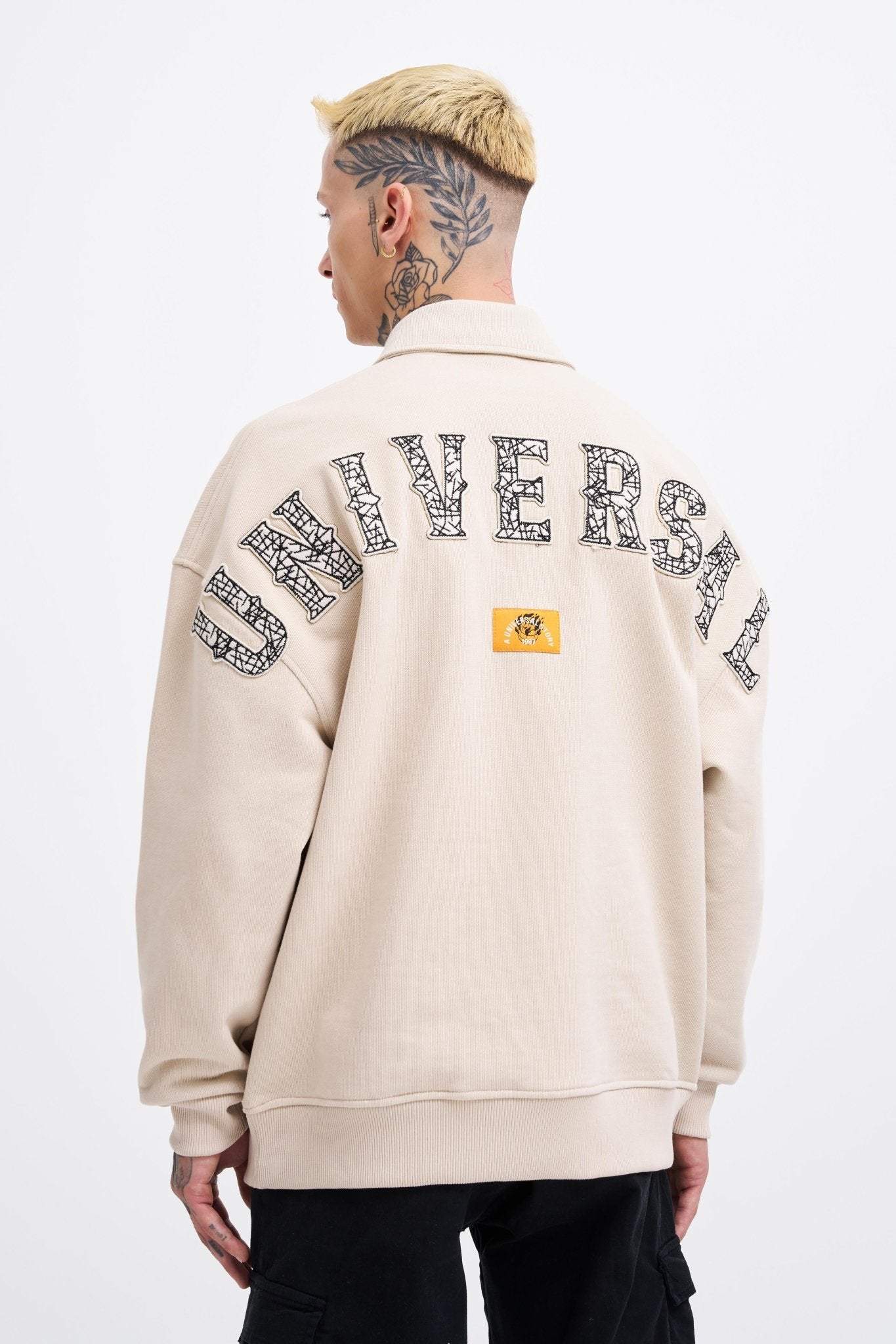 Erkek Felt Badge Zip Polo Sweatshirt Açık Bej