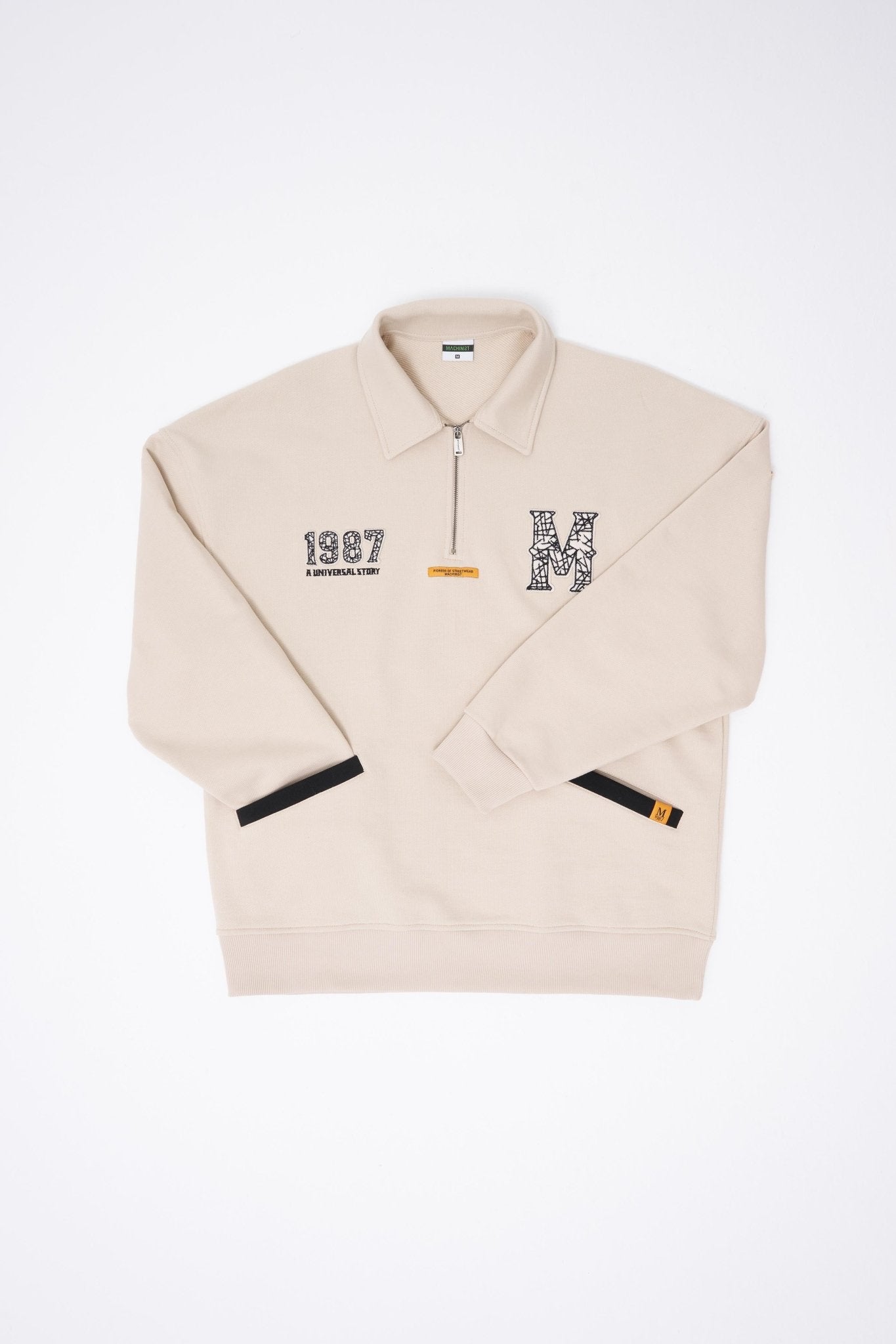 Erkek Felt Badge Zip Polo Sweatshirt Açık Bej
