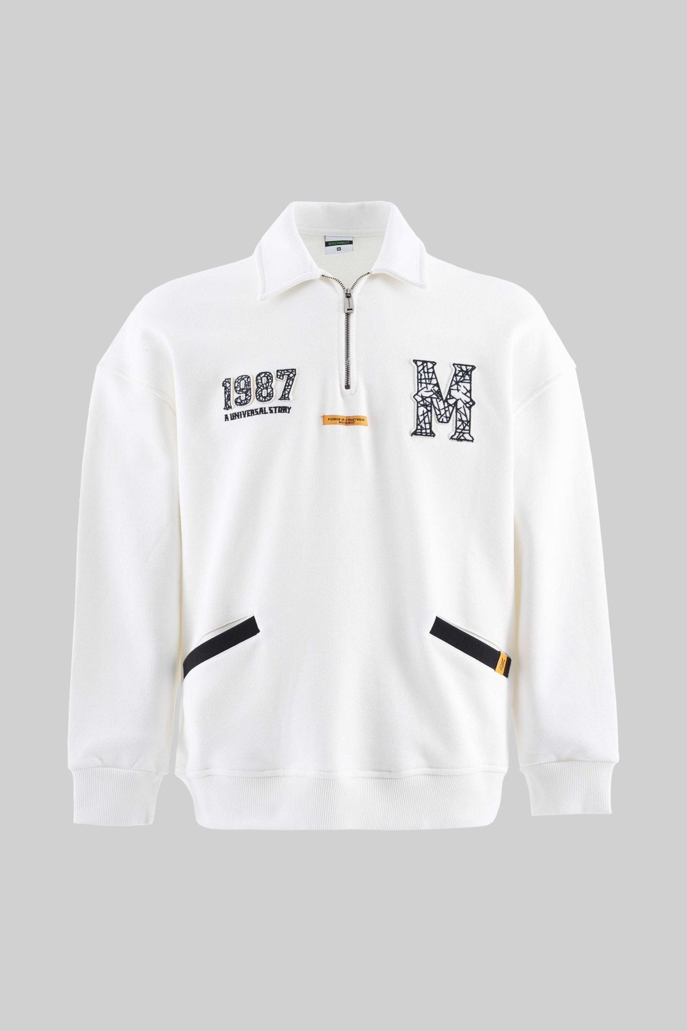 Erkek Felt Badge Zip Polo Sweatshirt Ekru