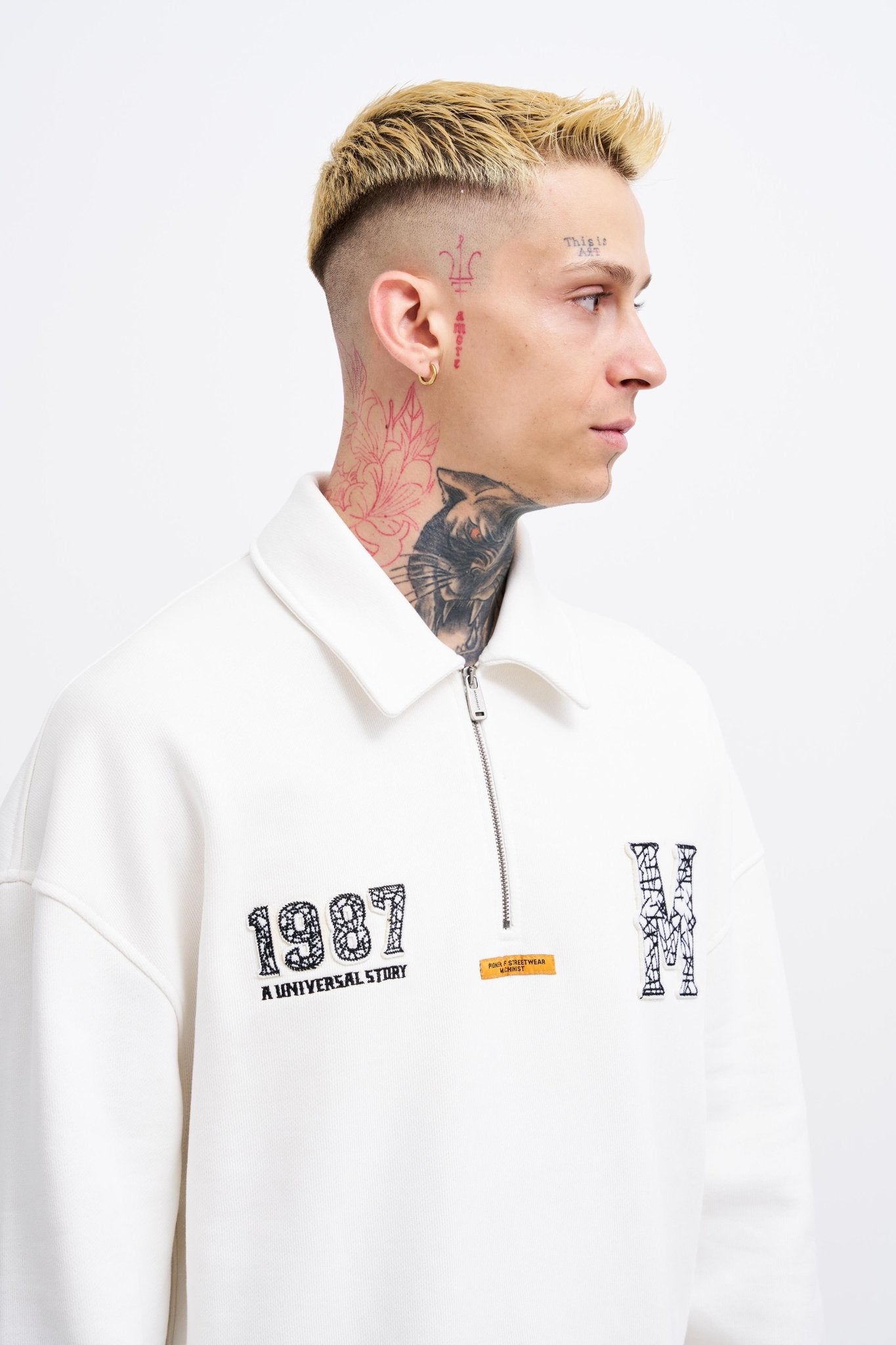 Erkek Felt Badge Zip Polo Sweatshirt Ekru