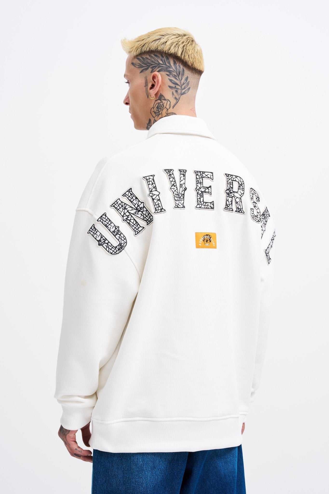 Erkek Felt Badge Zip Polo Sweatshirt Ekru