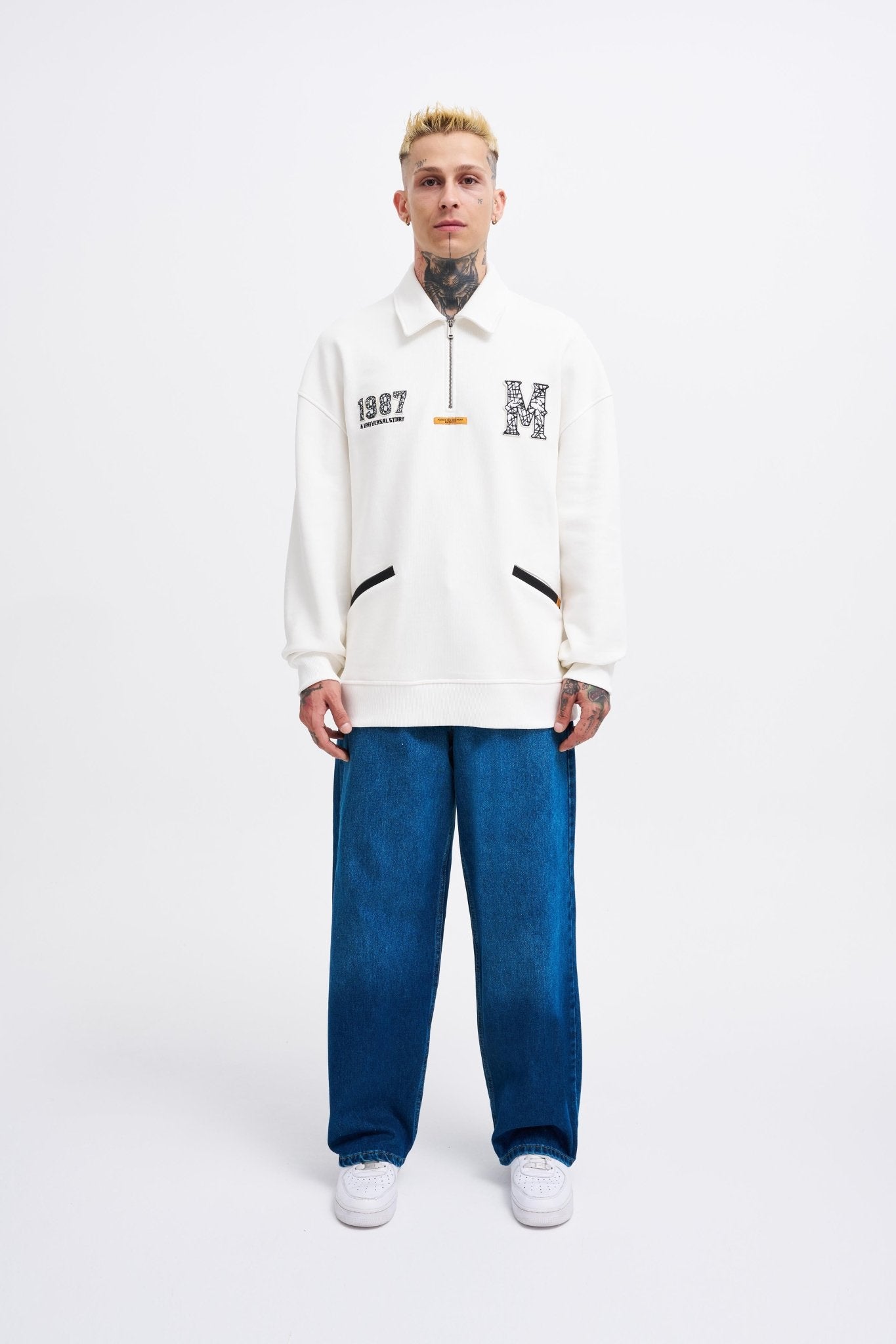 Erkek Felt Badge Zip Polo Sweatshirt Ekru