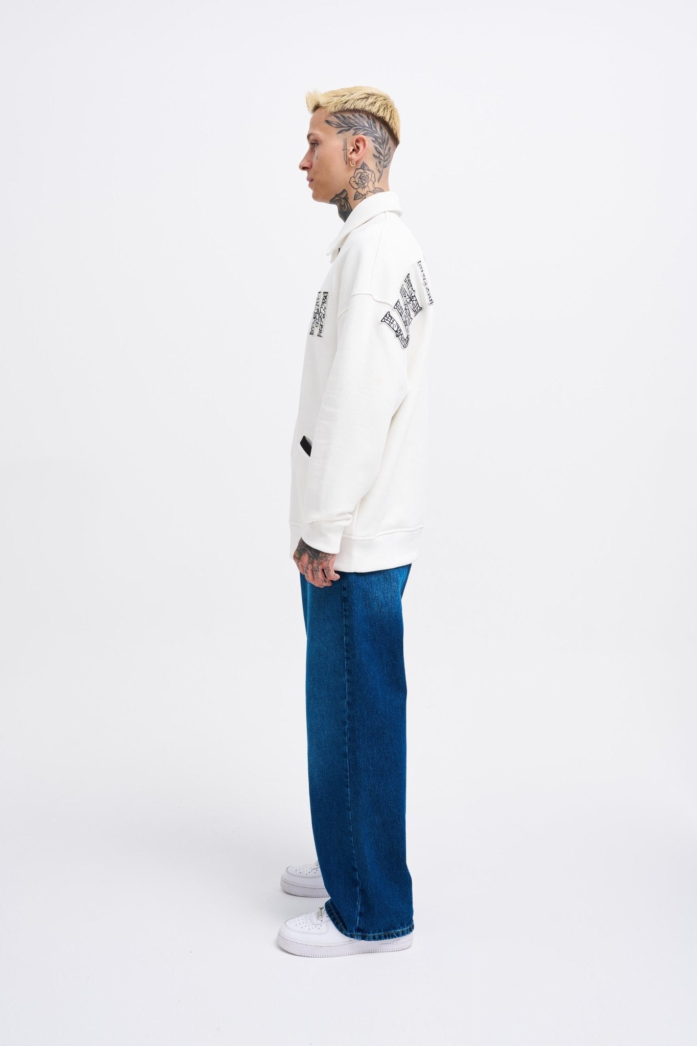 Erkek Felt Badge Zip Polo Sweatshirt Ekru