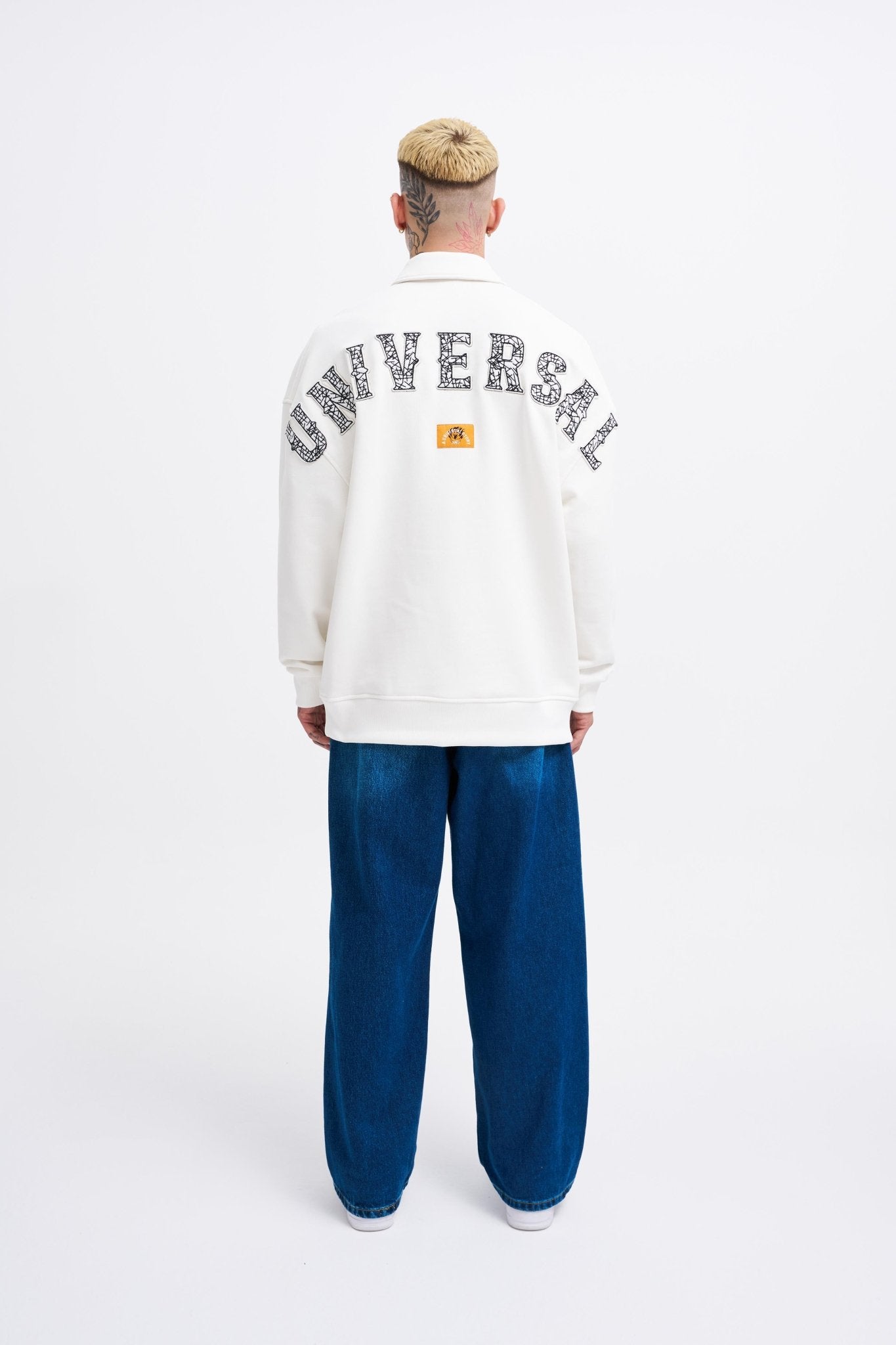 Erkek Felt Badge Zip Polo Sweatshirt Ekru