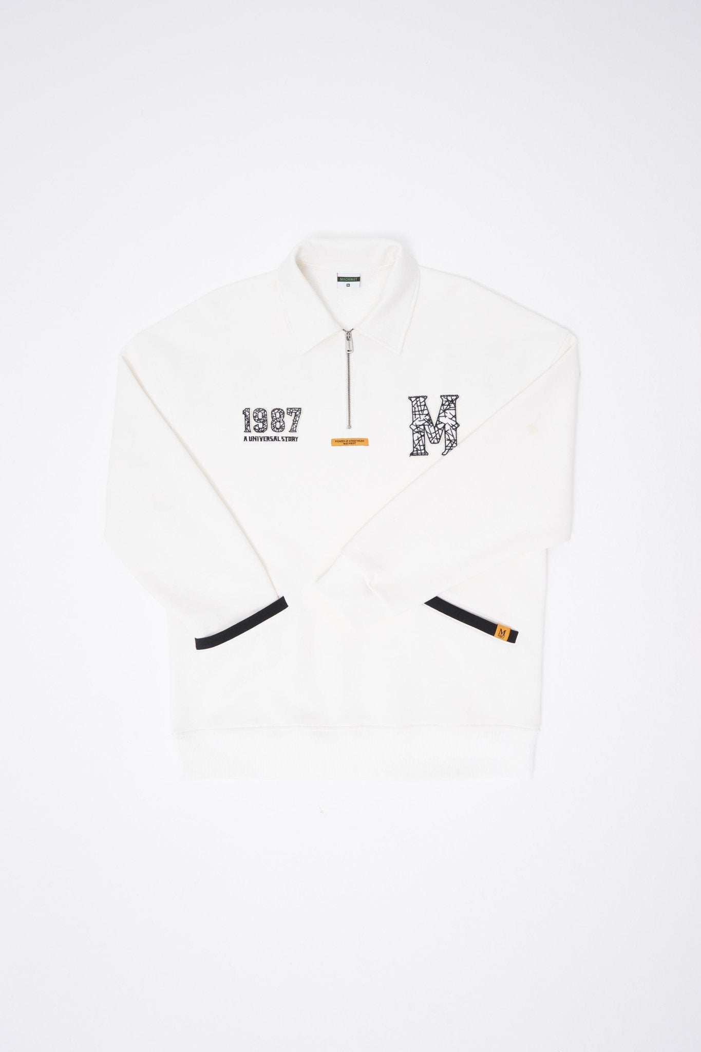 Erkek Felt Badge Zip Polo Sweatshirt Ekru