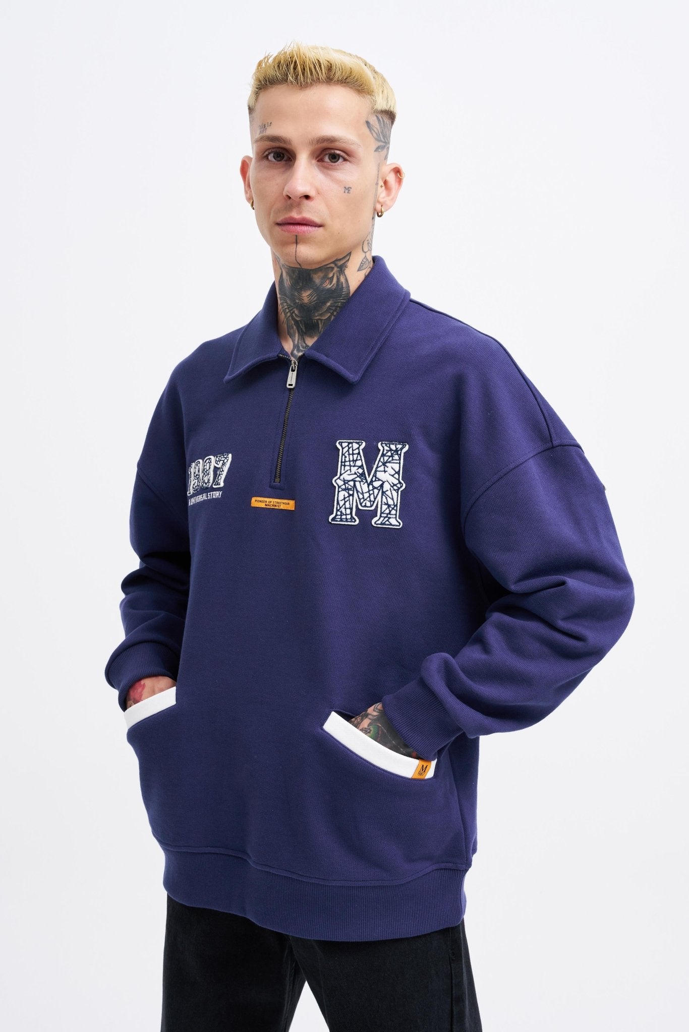 Erkek Felt Badge Zip Polo Sweatshirt Gece Mavisi