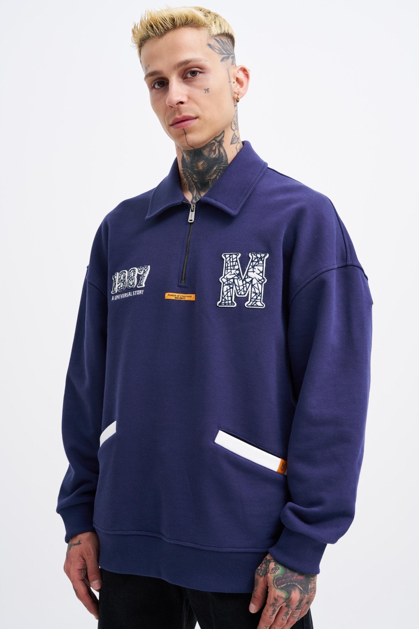 Erkek Felt Badge Zip Polo Sweatshirt Gece Mavisi