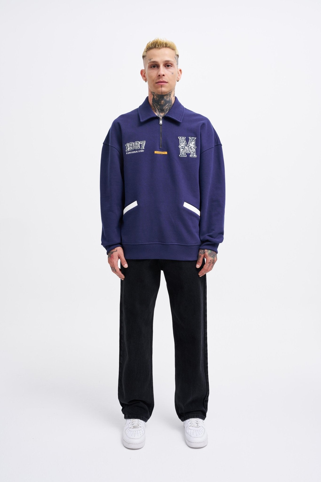 Erkek Felt Badge Zip Polo Sweatshirt Gece Mavisi